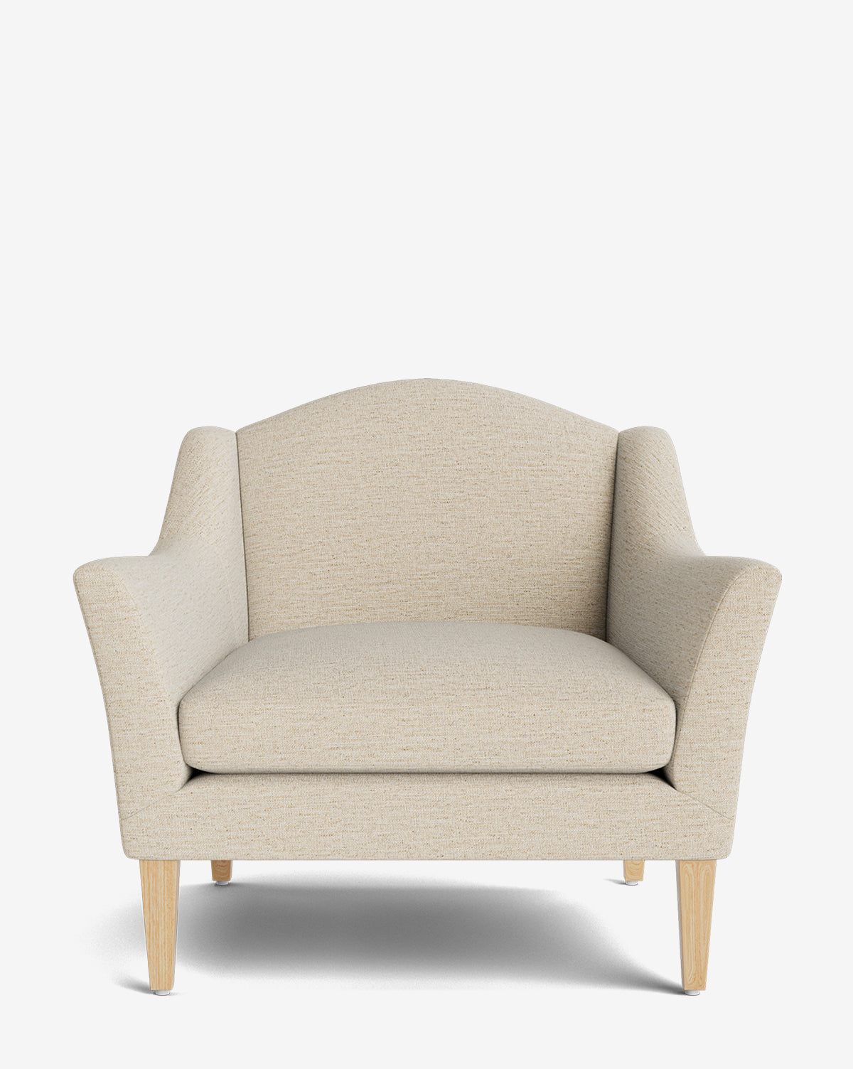 The Prudence Lounge Chair is a wide, beige upholstered armchair with a classic silhouette, curved backrest, angled armrests, and wooden legs, crafted from high-quality fabrics and shown against a plain white background by McGee & Co.