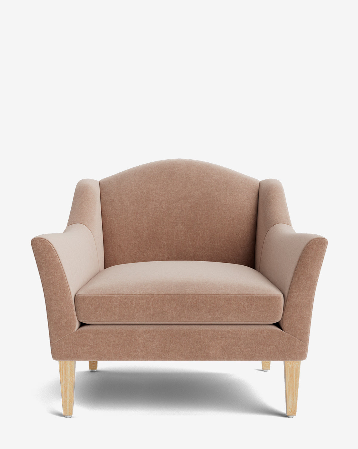 The Prudence Lounge Chair showcases a classic design with high-quality light brown fabric, a wide seat, curved back, flared armrests, and light wooden legs—all set against a plain white background by McGee & Co.