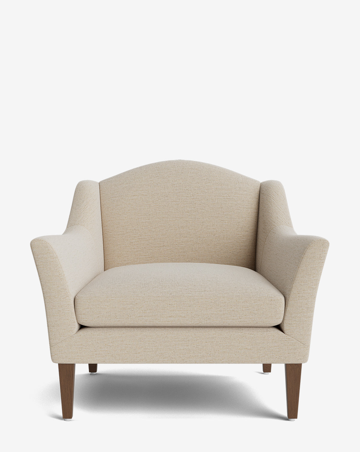 The Prudence Lounge Chair showcases a classic silhouette with slightly flared arms, a curved backrest, and high-quality upholstery on tapered wooden legs, all set against a plain white background by McGee & Co.