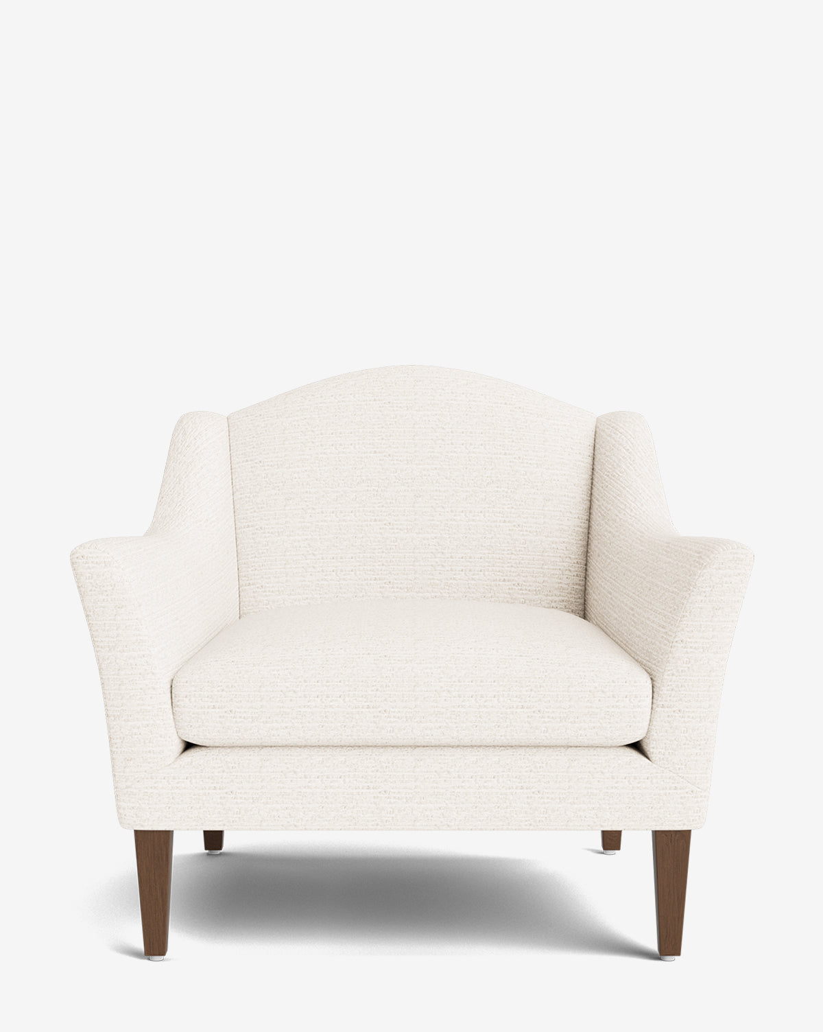 The Prudence Lounge Chair features a modern ivory hue, classic silhouette, angled armrests, curved backrest, and wooden legs, crafted from premium fabrics and shown against a plain white background by McGee & Co.