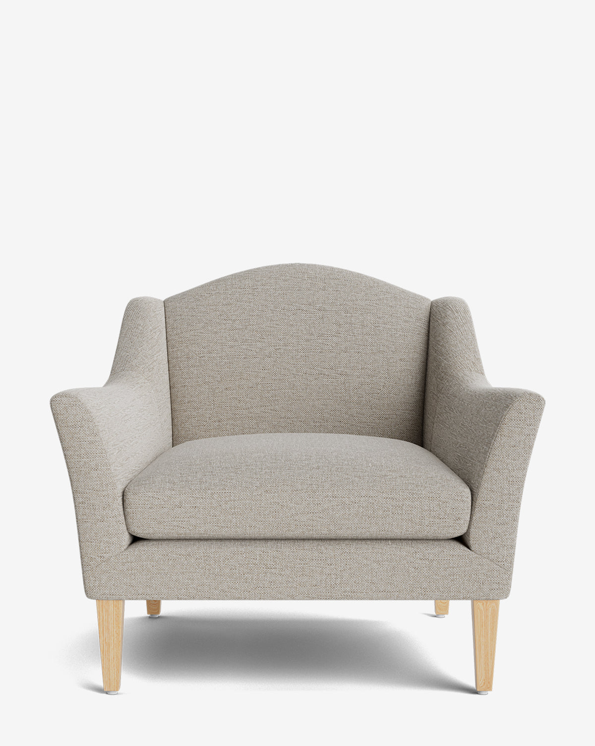 The Prudence Lounge Chair boasts high-quality light beige fabric, flared arms, a curved backrest, and light wooden legs for a modern yet classic look against a plain white background, by McGee & Co.