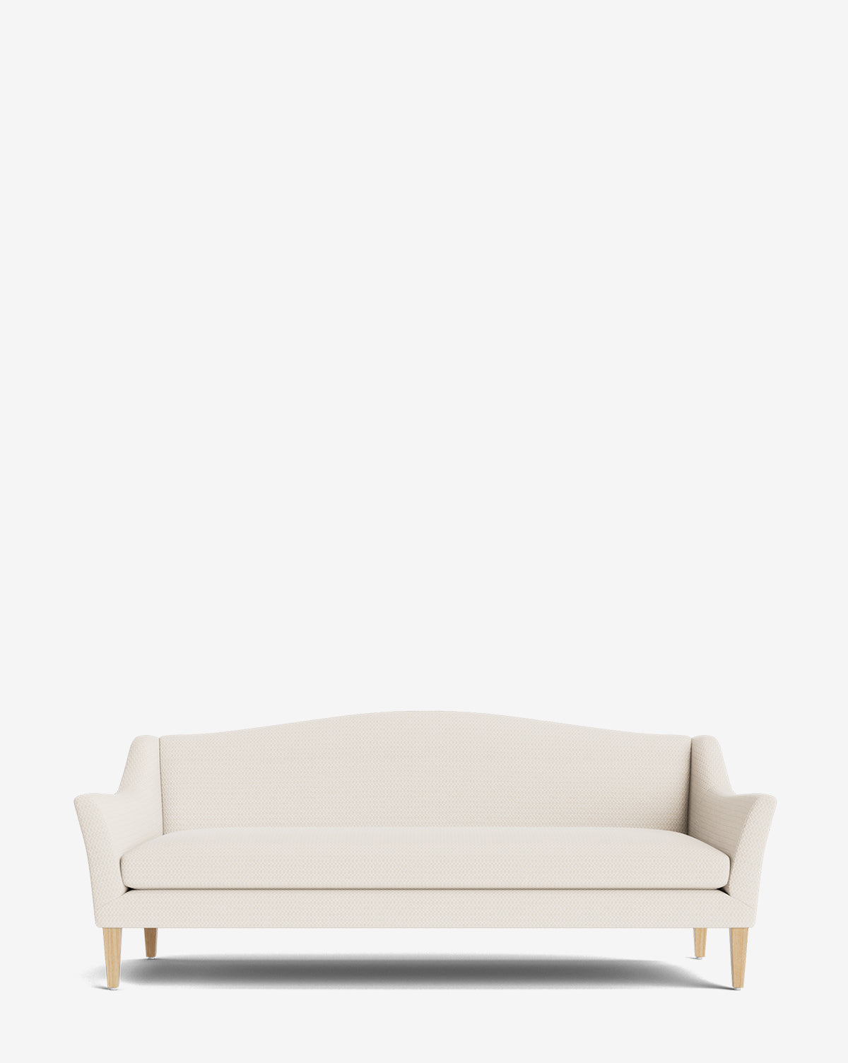 The Prudence Sofa 78 is centered on a white background, featuring high-quality upholstery, wooden legs, a slightly curved backrest, and angled armrests for a modern yet minimalist look, by Vendixs