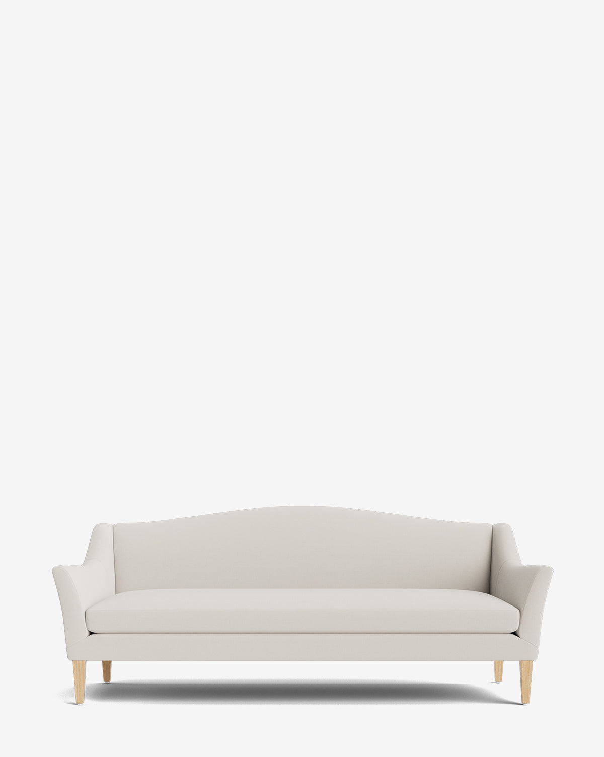 The Prudence Sofa 78 boasts a modern light gray design with a classic silhouette, high-quality fabric, simple lines, a gently curved backrest, and light wooden legs, all beautifully set against a plain white background, by Vendixs