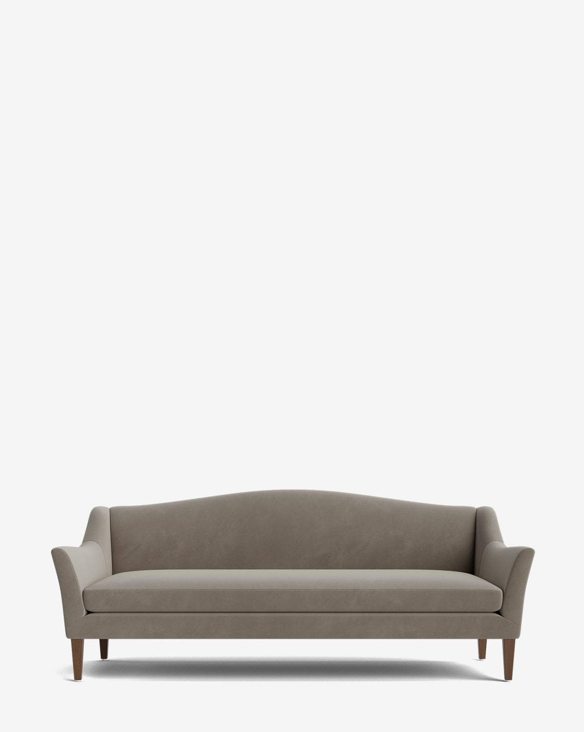 The Prudence Sofa 78 showcases a classic silhouette with a gently curved back, flared arms, and wooden legs. Its upholstered in premium fabrics and is displayed against a plain white background by Vendixs