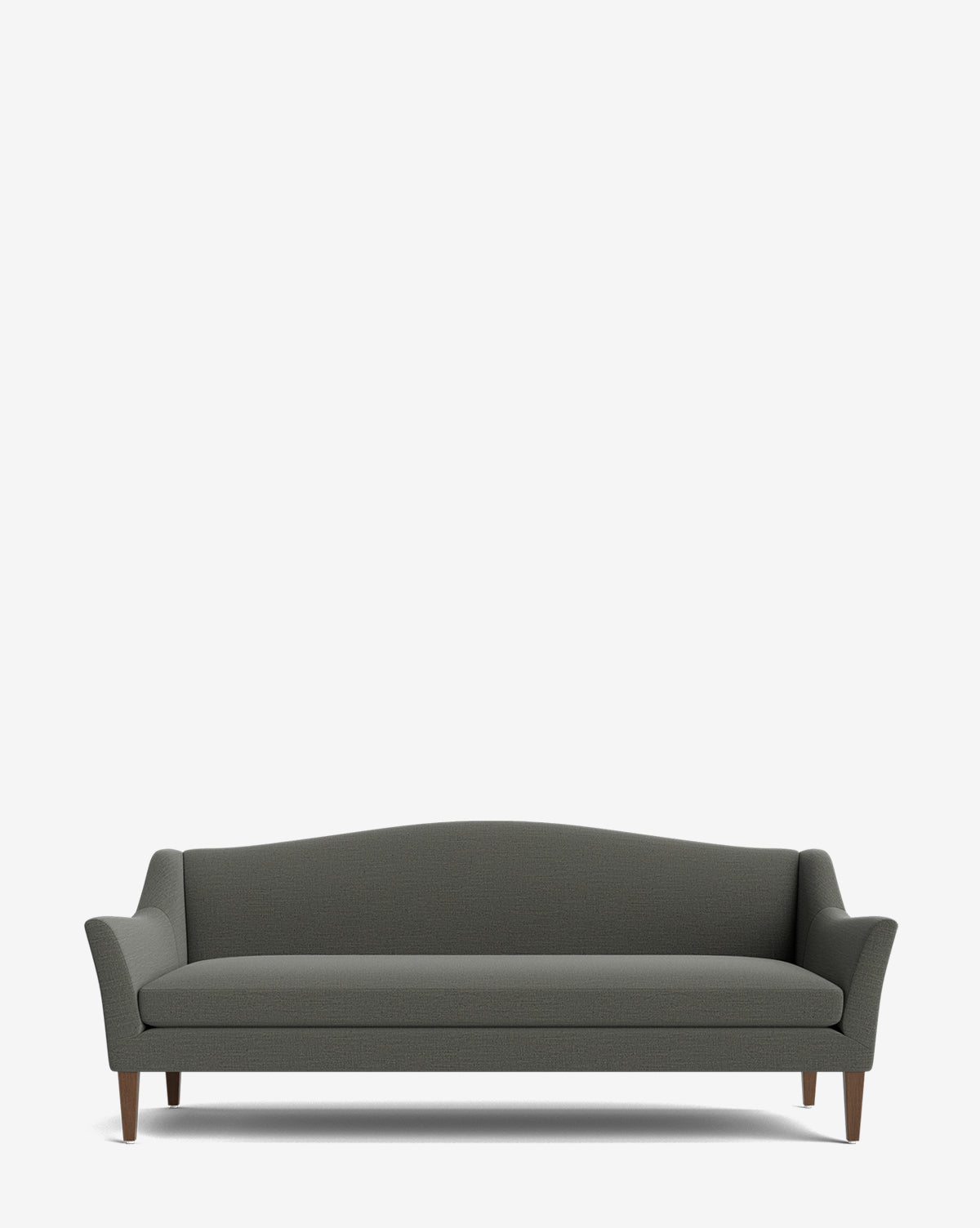 The Prudence Sofa 78 boasts a modern dark gray design with a curved backrest, angled armrests, and wooden legs, by Vendixs Made with high-quality fabrics, this classic silhouette sofa is shown against a plain white background.