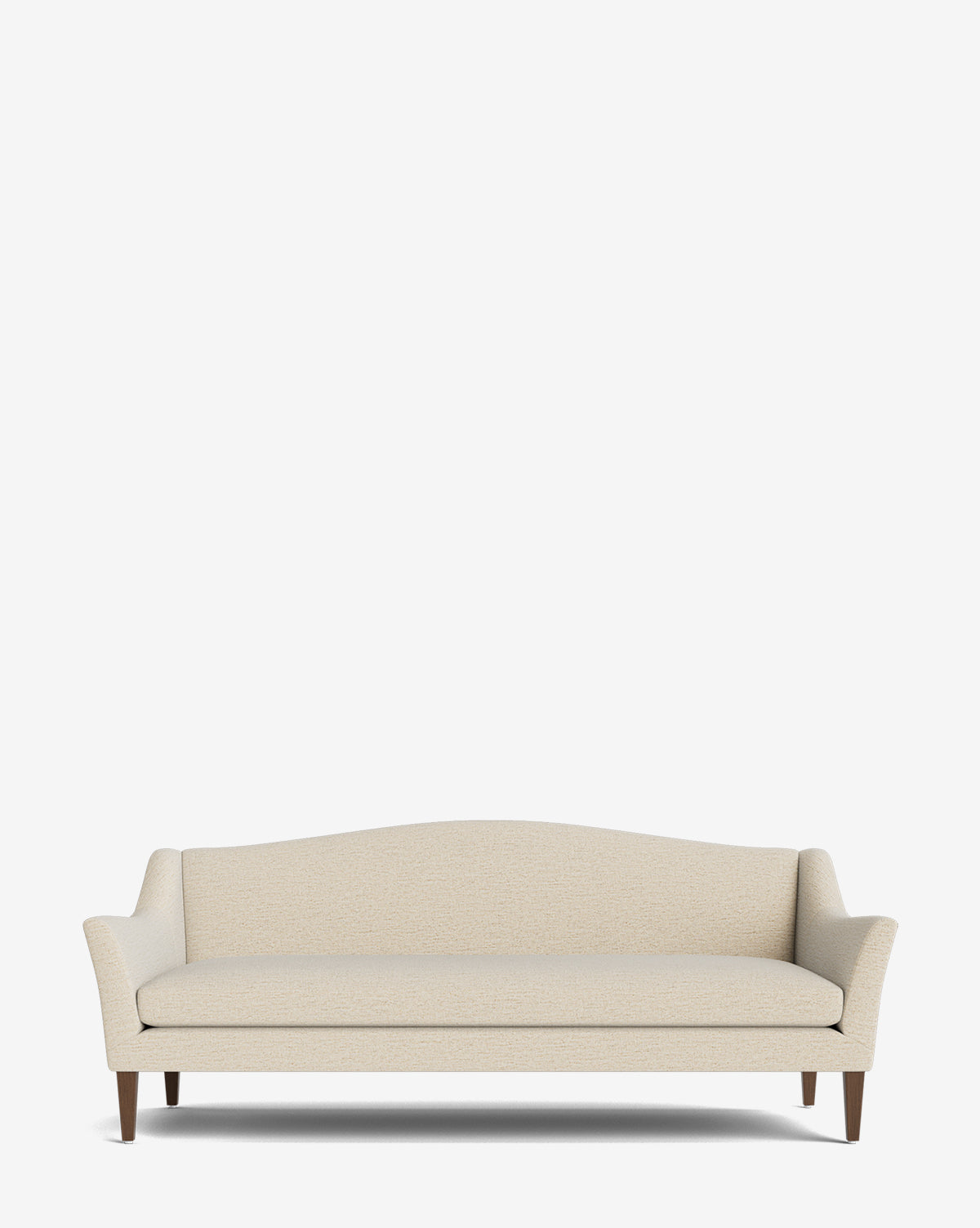 The Prudence Sofa 78 showcases a classic silhouette with beige upholstery, a slightly curved backrest, slim armrests, and dark wooden legs—all crafted from quality fabric and shown against a plain white background, by McGee & Co.
