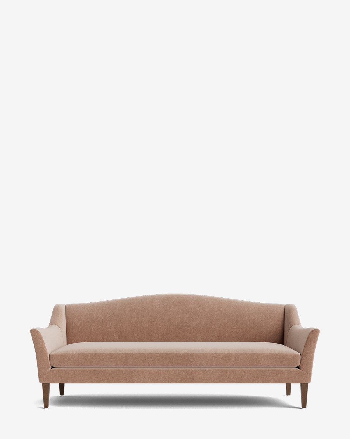 The Prudence Sofa 78 showcases high-quality light brown upholstery, wooden legs, a subtly curved backrest, and gently flared arms, all set against a plain white background, by Vendixs