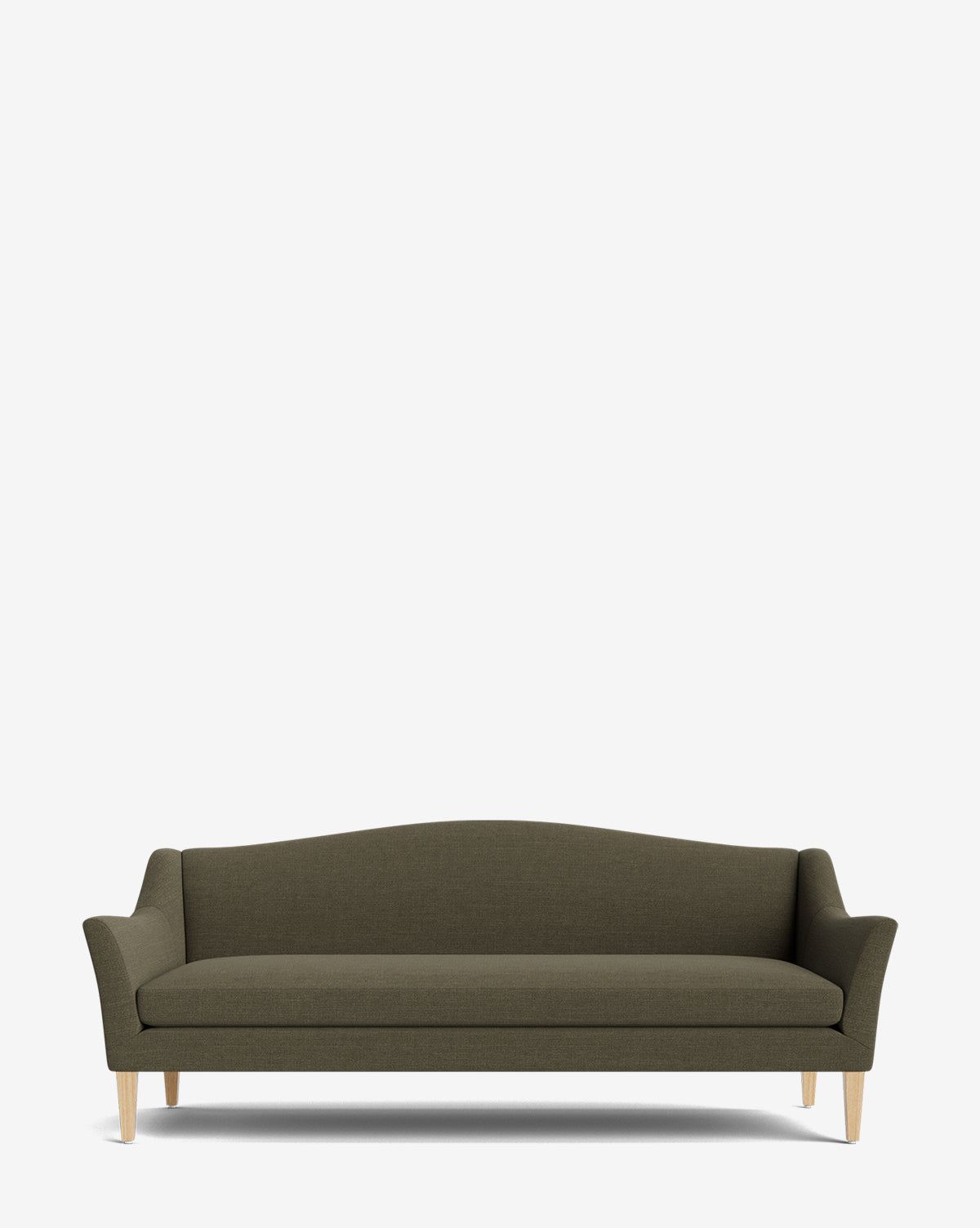 The Prudence Sofa 78 is a modern olive green upholstered piece with wooden legs and flared arms, made from high-quality fabric and shown against a plain white background, by Vendixs
