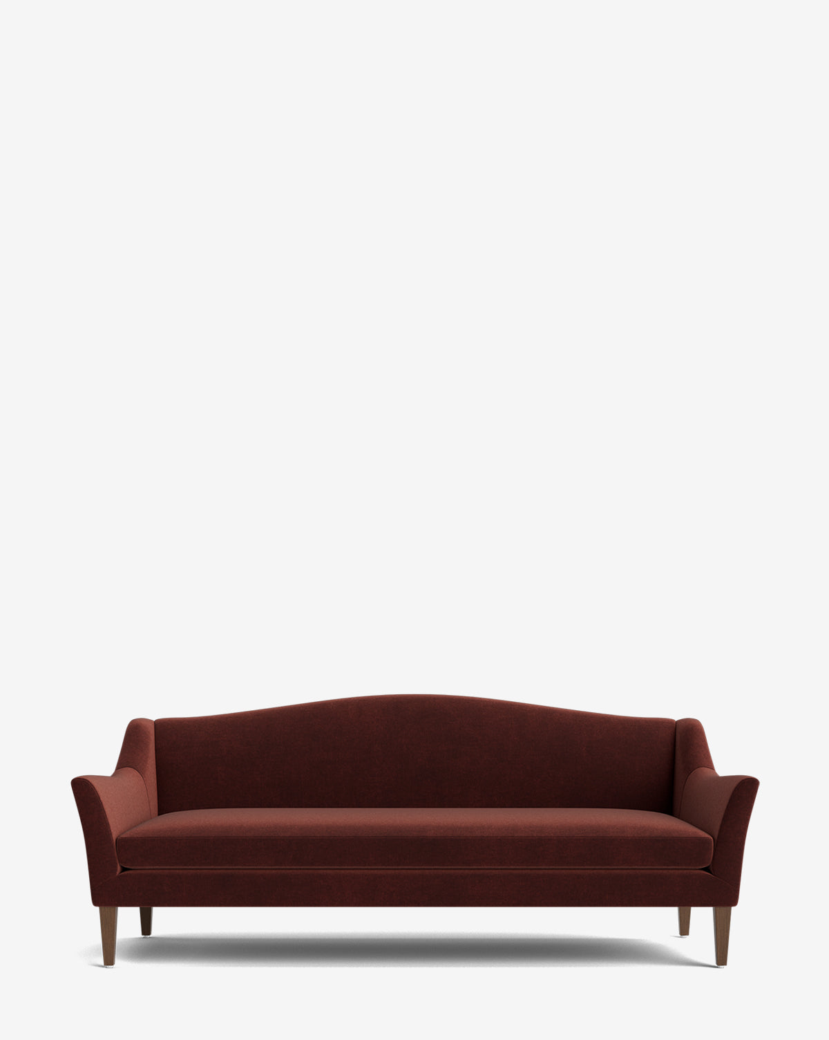 The Prudence Sofa 78 showcases premium burgundy fabric, a gently curved backrest, flared arms, and exposed wooden legs, creating a classic silhouette set against a plain white background by Vendixs