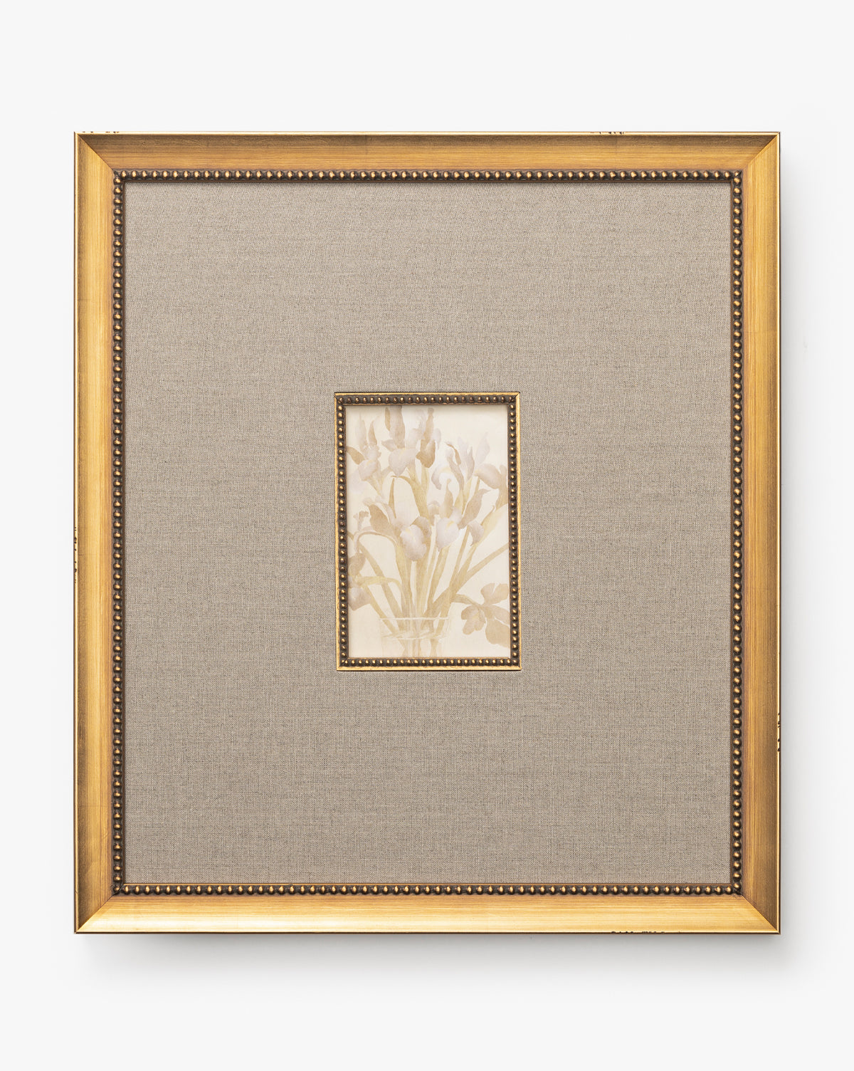 Purple Irises in Vases: A gold-framed wall art featuring purple irises in vases, set against a textured beige mat with gold detailing and metallic stud accents—an elegant decor piece for any room, by Vendixs