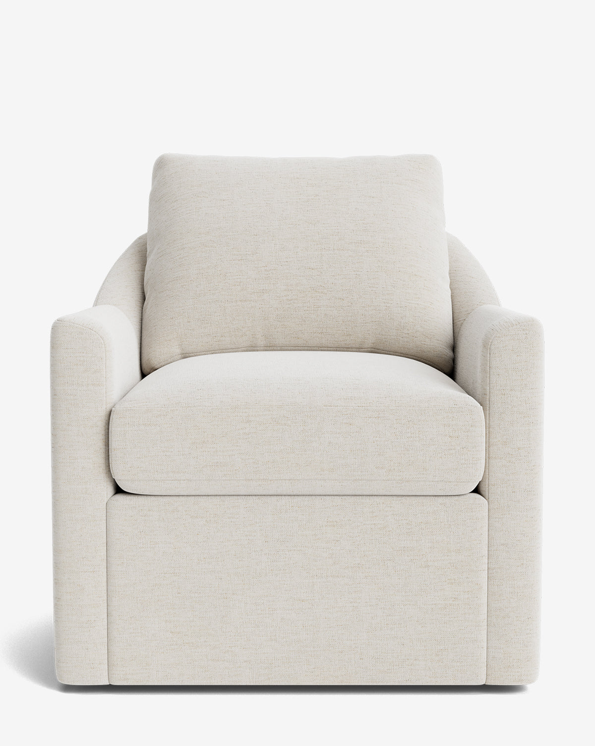 A front-facing view of the Quinnton Swivel Chair, a modern luxury chair in light beige featuring a wide cushioned seat, plush backrest, and rounded armrests, shown against a plain white background by McGee & Co.