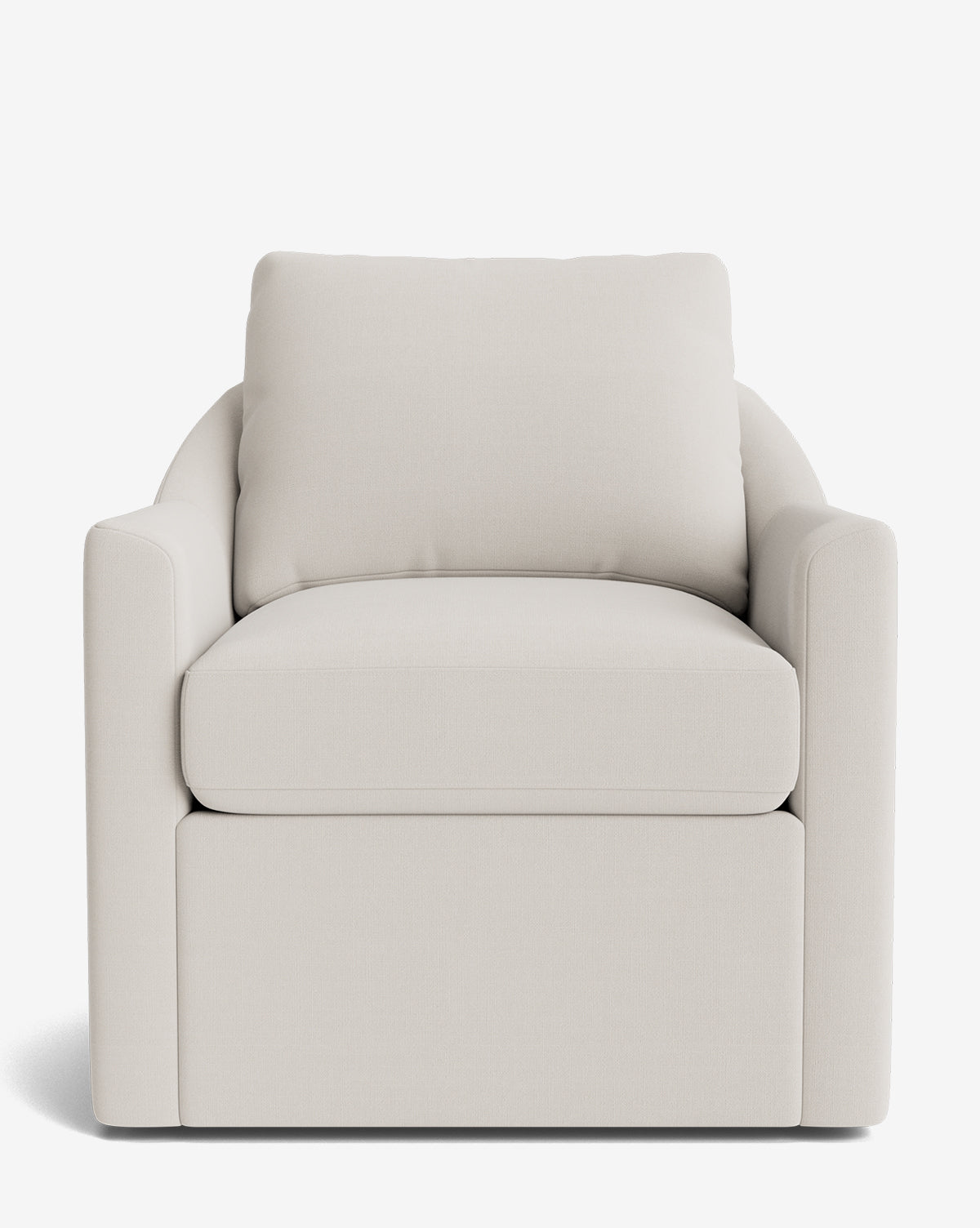 A front view of the Quinnton Swivel Chair, a modern armchair in beige with cushioned seat and backrest, rounded armrests, and a swivel base, shown against a plain white background by McGee & Co.