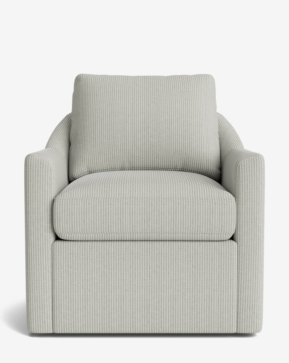 The Quinnton Swivel Chair is upholstered in light gray fabric with subtle vertical stripes, featuring a wide seat, thick cushion, rounded armrests, and a matching padded backrest, by McGee & Co. Displayed against a white background.
