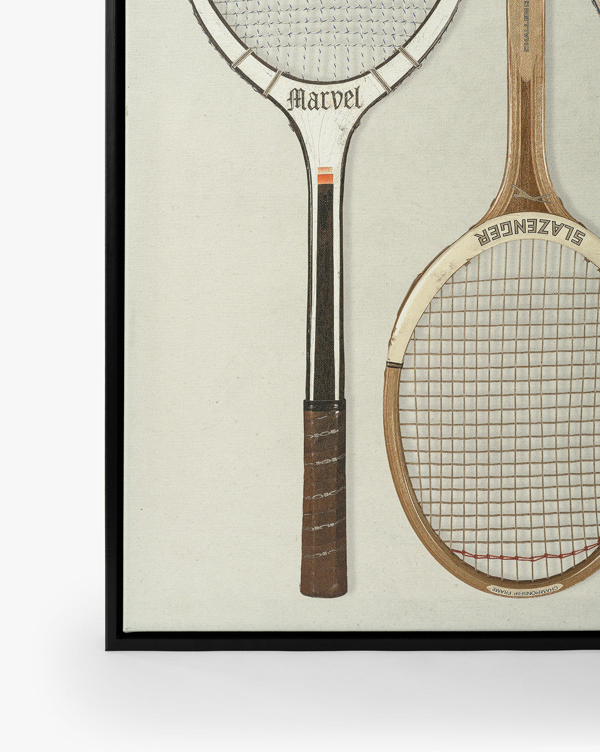 The Rackets 1 framed giclee print displays two vintage tennis rackets—labeled Marvel and Slazenger—on a light background, making it ideal vintage wall art to enhance any rooms charm, by Vendixs