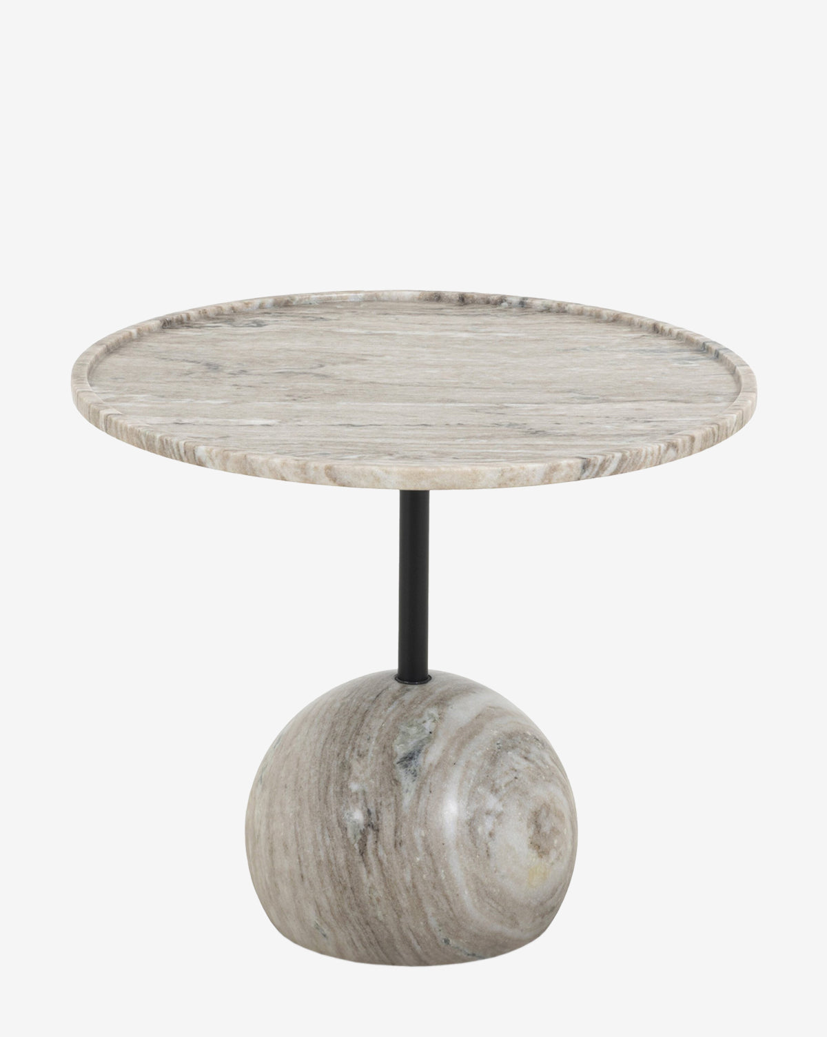The Raelynn End Table pairs a light gray and white antique marble top with a sleek black support and rounded marble base, highlighting natural stone patterns for an artful, modern accent, by Vendixs