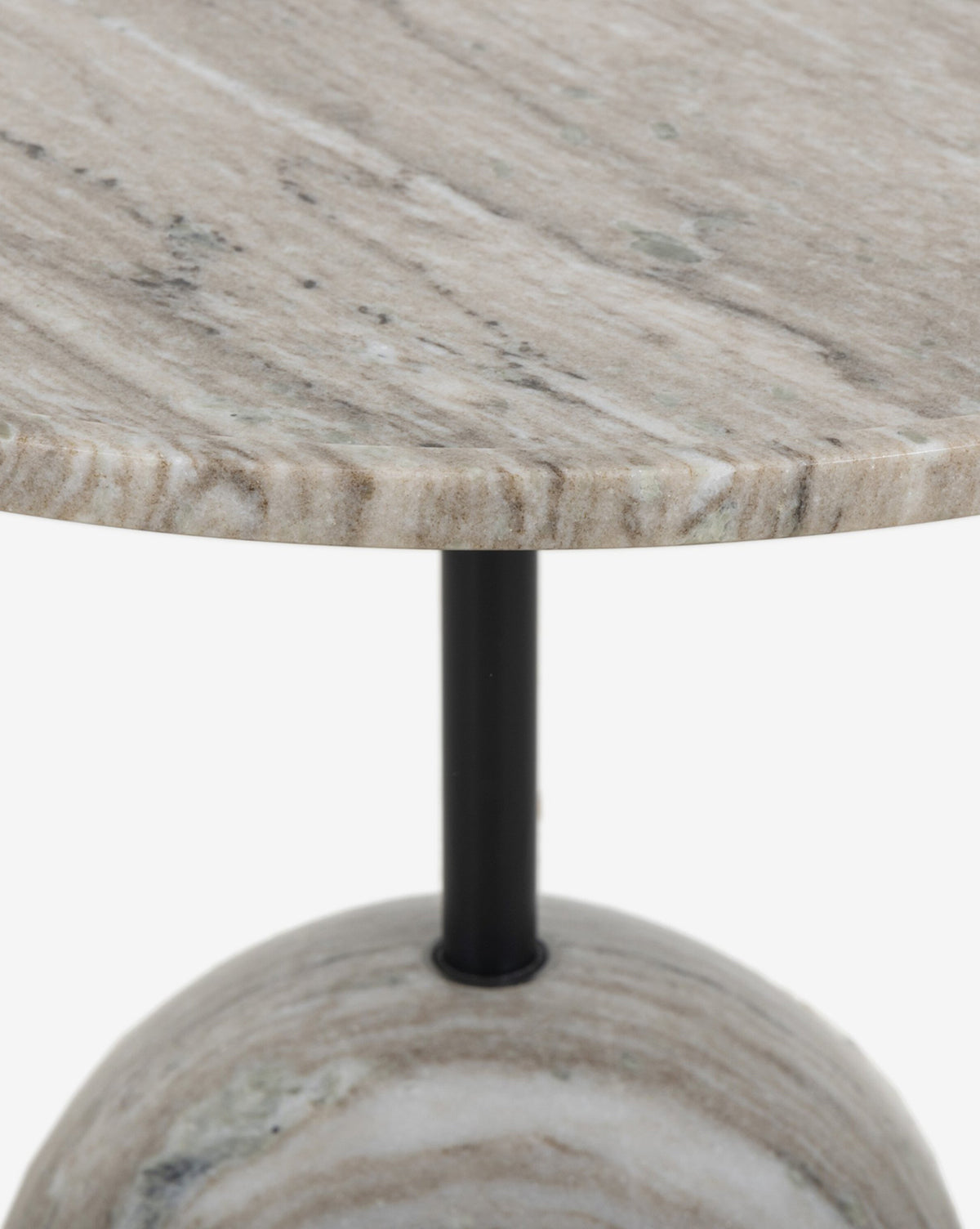 The Raelynn End Table features a round white antique marble top with gray and beige veining, supported by a slim black metal rod and matching marble base—an elegant accent for any room, by Vendixs
