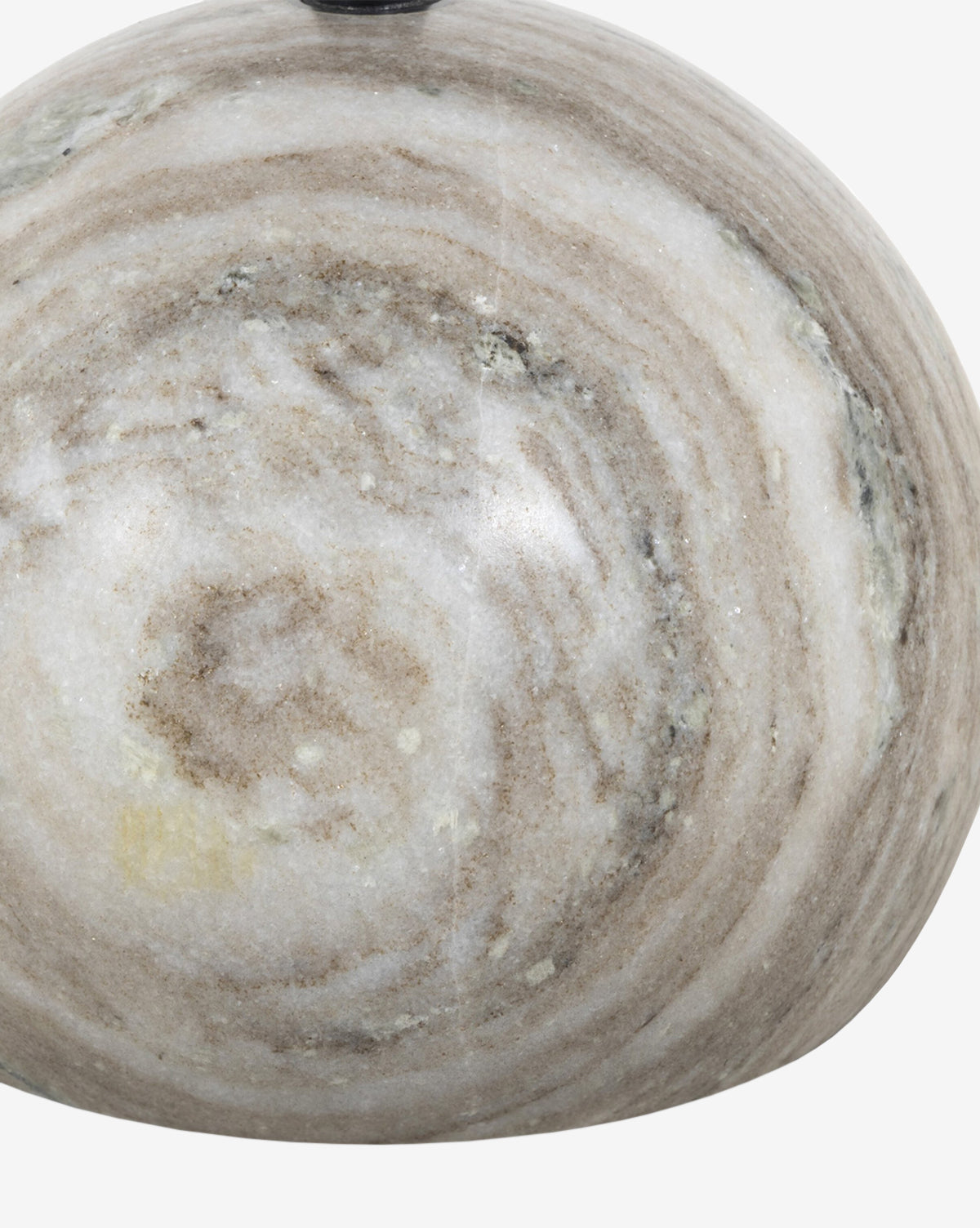 Close-up of the Raelynn End Table’s smooth, rounded stone surface, featuring natural circular beige, brown, and white layers for an artful swirling marble-inspired accent, by Vendixs