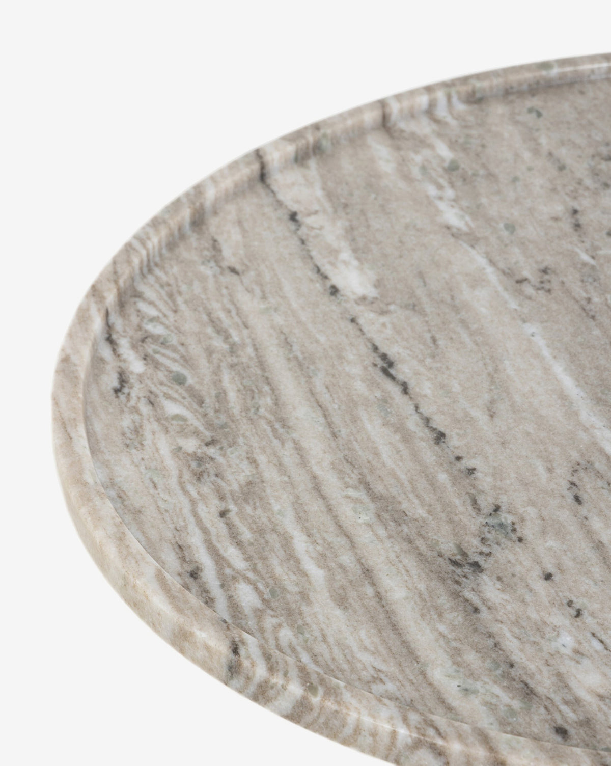 A close-up of a round marble tray with a raised edge and light gray and white veining—an elegant accent ideal for styling on your Raelynn End Table, by Vendixs