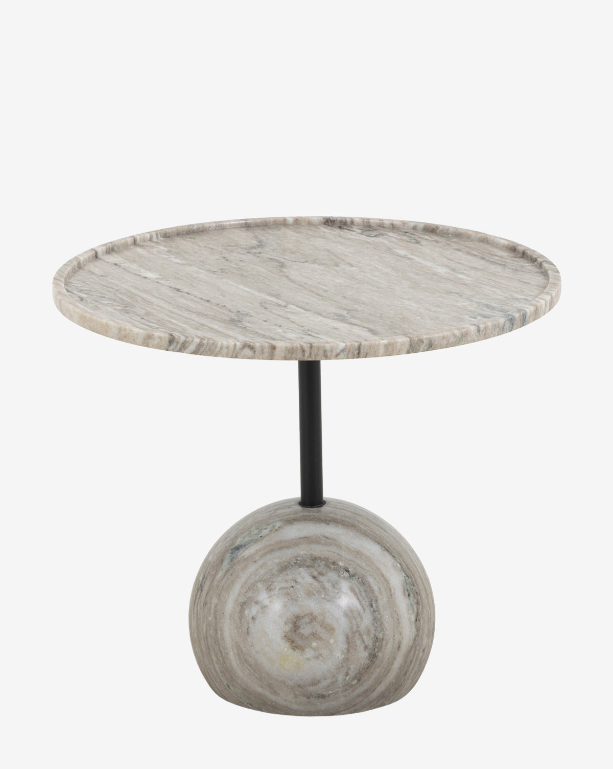 The Raelynn End Table features a light stone top, thin black metal support, and a spherical white antique marble base, creating an artful accent against a plain white background, by Vendixs