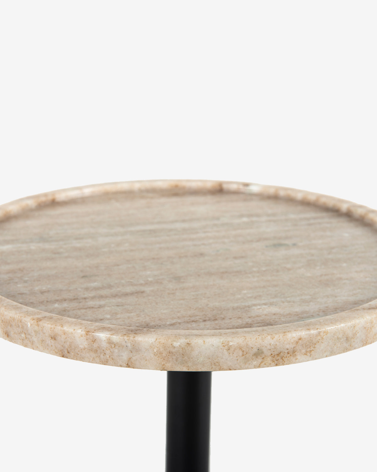 The Raelynn Side Table showcases a round beige antique marble top with a raised edge and sleek black metal leg, pictured on a white background by Vendixs