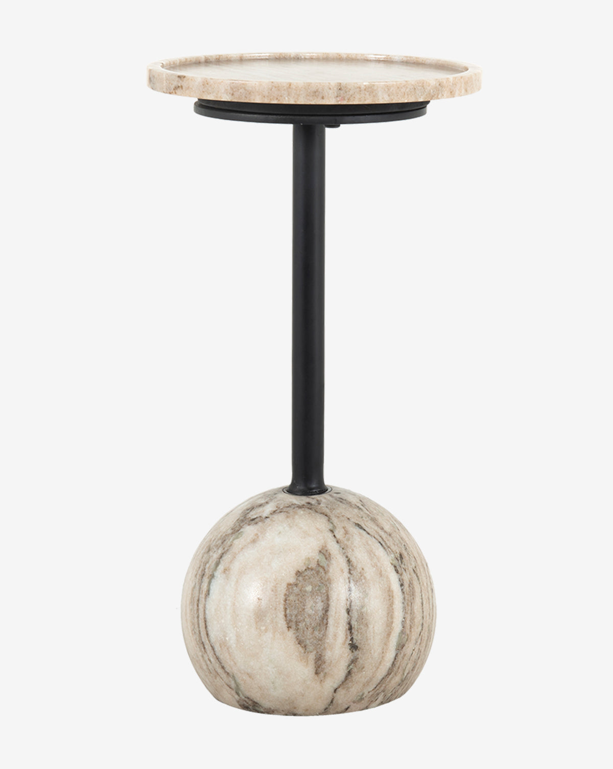 The Raelynn Side Table has a small round antique marble top, a slim black metal stem, and a rounded marble base on a white background, by McGee & Co.