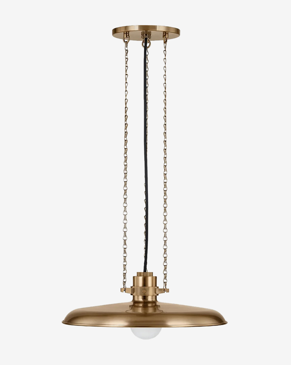 The Rainhill Pendant by Troy Lighting features a patina brass wide, flat shade, suspended by two chains and a black cord, with a visible bulb beneath for striking illumination. Vendixs