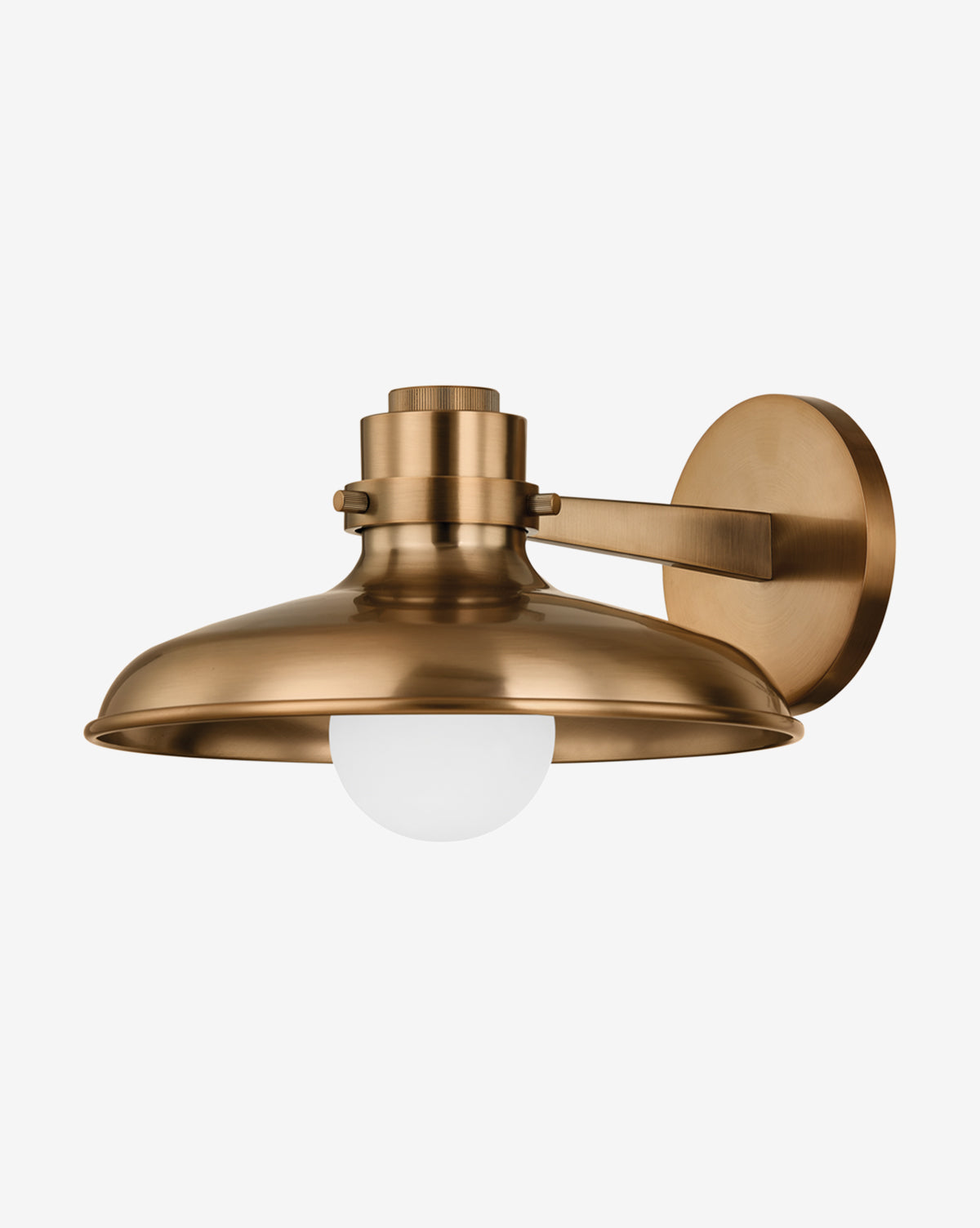 The Rainhill Sconce by Troy Lighting features a wide, dome-shaped patina brass shade and an exposed round white bulb, offering modern industrial style as a wall-mounted fixture by Vendixs
