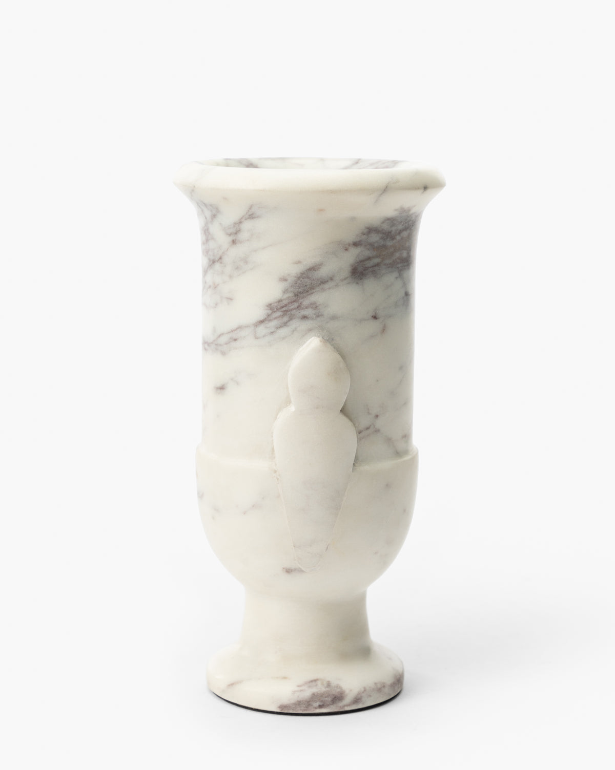 The Rayla Marble Vase features white marble with gray veining, a cylindrical shape, flared rim, and a simple bird-shaped accent—ideal for adding timeless charm to traditional decor, by Vendixs
