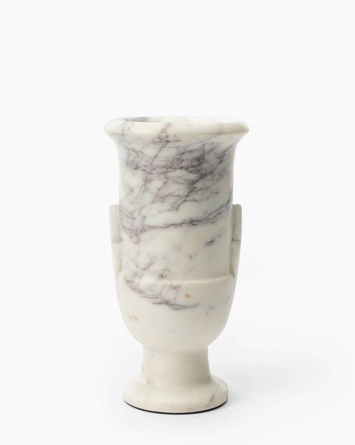 The Rayla Marble Vase, with its tall white form and subtle gray veining, features a wide rounded rim, side handles, and a narrow base—making it a timelessly elegant addition to traditional decor, by Vendixs