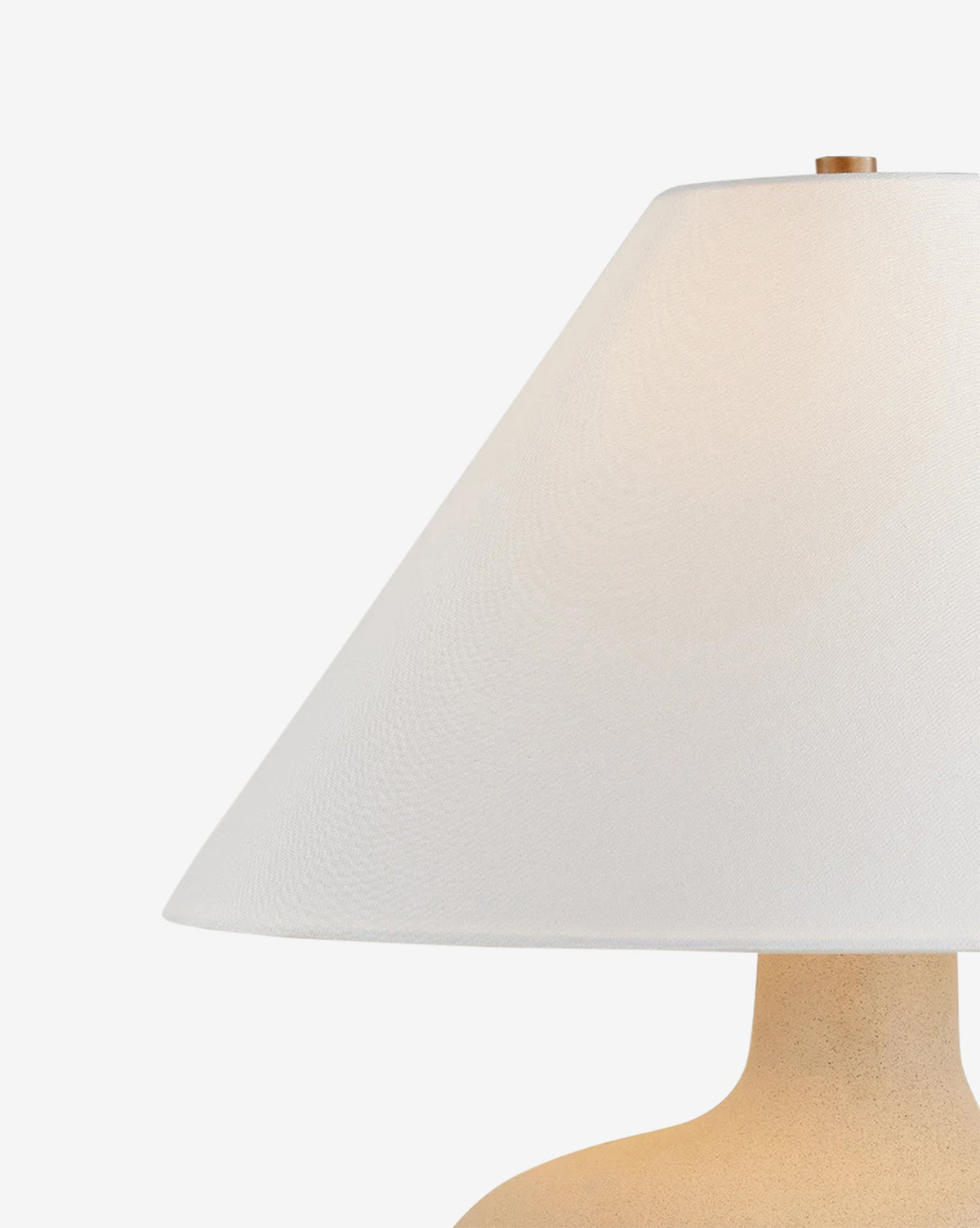 Close-up of the Rebecca Table Lamp featuring a textured ceramic base and a large white conical lampshade, perfect for contemporary home decor, set against a plain white background, by Vendixs