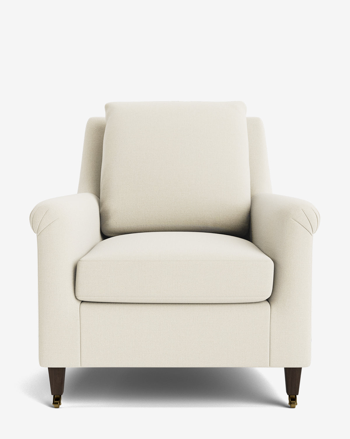 A front view of the Reedley Lounge Chair, a modern cream upholstered lounge chair with cushioned seat and back, rounded armrests, and dark wooden legs featuring small brass castors on the front, by Vendixs