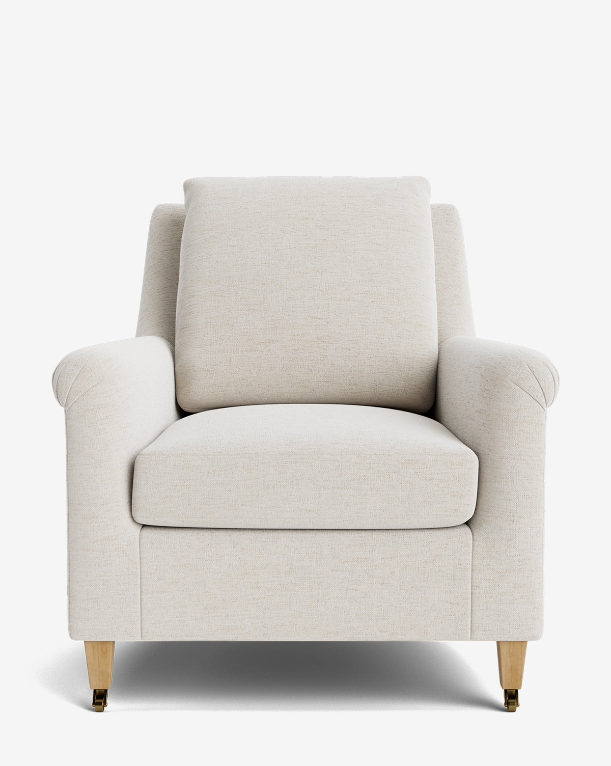 The Reedley Lounge Chair features light beige upholstery, a cushioned seat and backrest, and wooden legs with brass casters on the front two. Shown from the front, this luxury chair is set against a plain white background by McGee & Co.