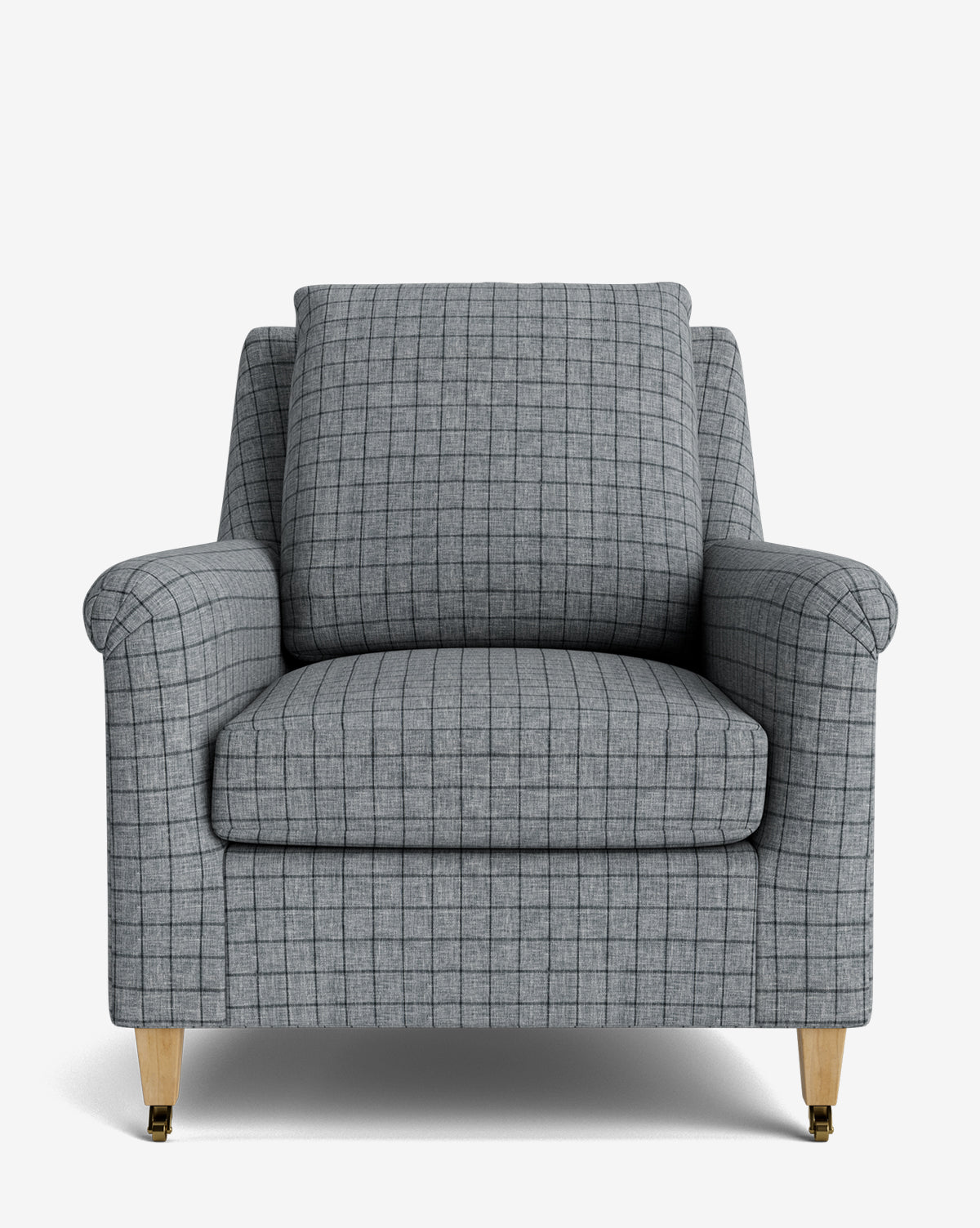 The Reedley Lounge Chair features gray upholstery with a squared pattern, thick cushions, and wooden legs with brass caps—shown front-facing on a white background. This luxury chair is ideal for modern spaces by McGee & Co.