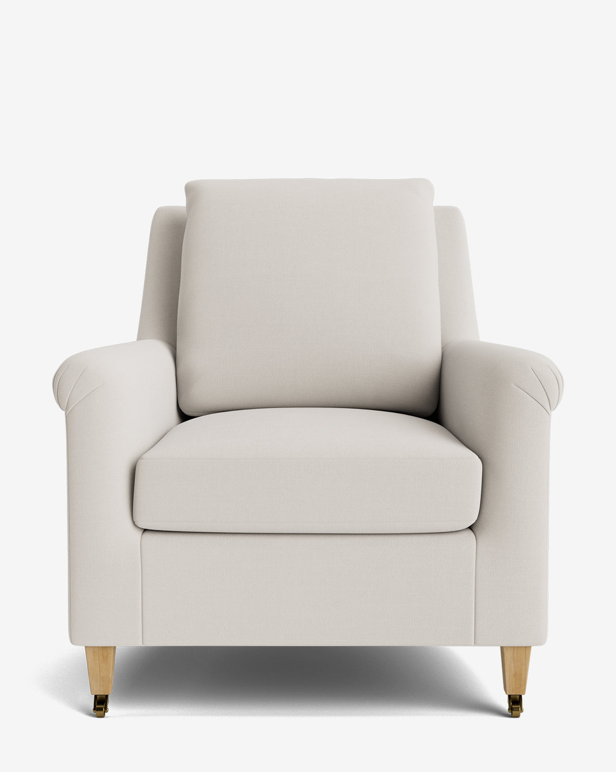 A front view of the Reedley Lounge Chair, a modern deep seat upholstered in light beige fabric with wooden legs and gold-tone caps, shown against a white background by McGee & Co.