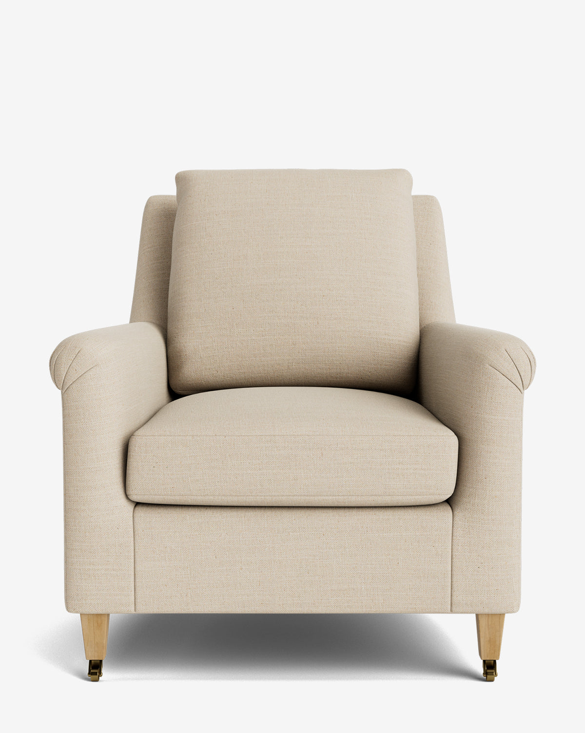 The Reedley Lounge Chair is a modern beige upholstered lounge chair with a cushioned back, angled arms, and wooden legs with brass casters on the front feet, shown from the front against a plain white background by McGee & Co.
