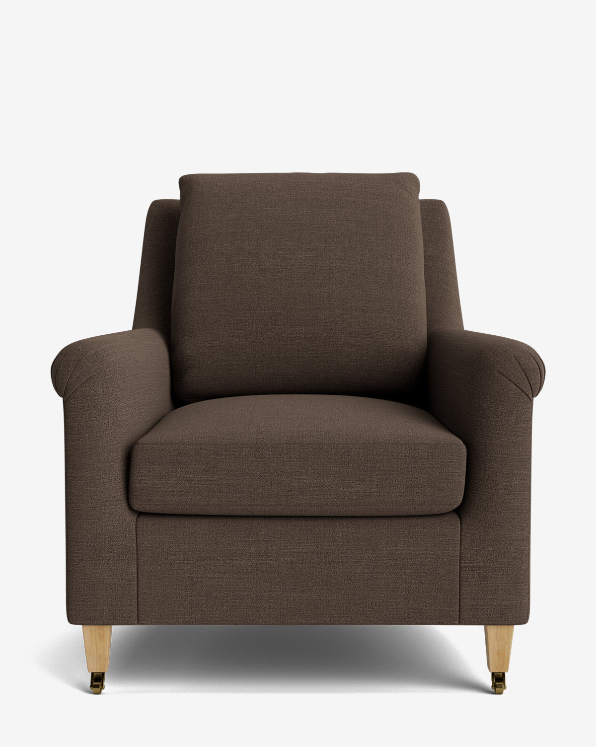 The Reedley Lounge Chair features brown upholstery, plush seat and back cushions, wide rounded arms, and wooden legs. Set against a plain white background, its modern design offers comfort and luxury—perfect for any living space by McGee & Co.