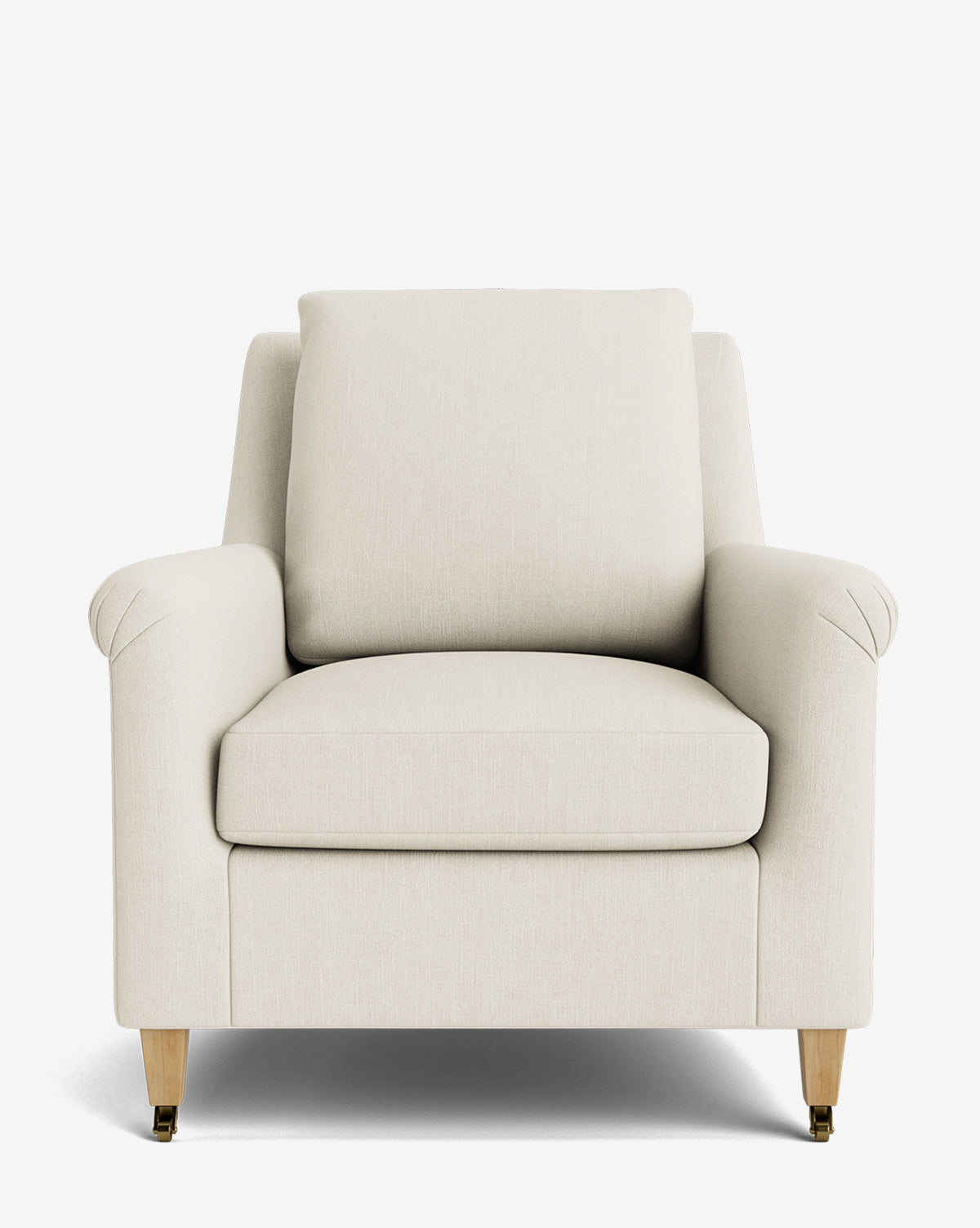 A front view of the Reedley Lounge Chair, a modern beige lounge chair featuring soft cushions, angled armrests, and light wood legs, shown on a plain white background by McGee & Co.