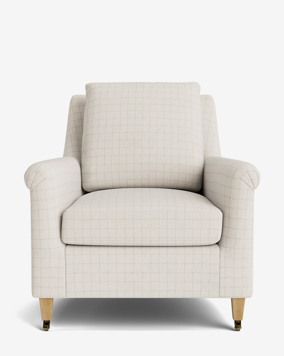 Front view of the Reedley Lounge Chair, a beige luxury chair with a grid pattern, plush seat and back cushions, and light wooden legs with brass casters, shown against a white background by McGee & Co.