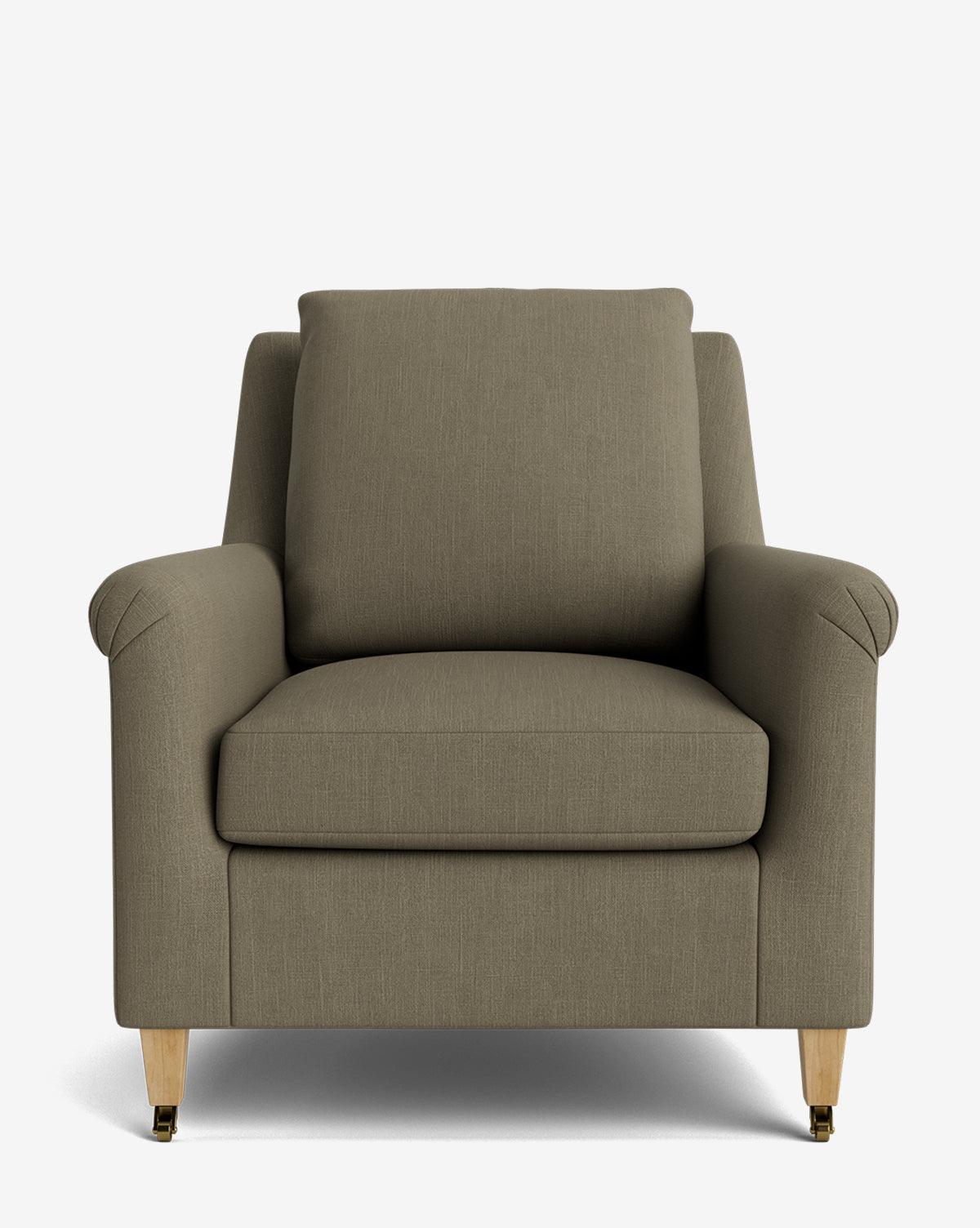 A front view of the Reedley Lounge Chair shows its olive green upholstery, wooden legs, plush seat and back cushions, and angled armrests, highlighting this deep lounge chair against a plain white background by McGee & Co.