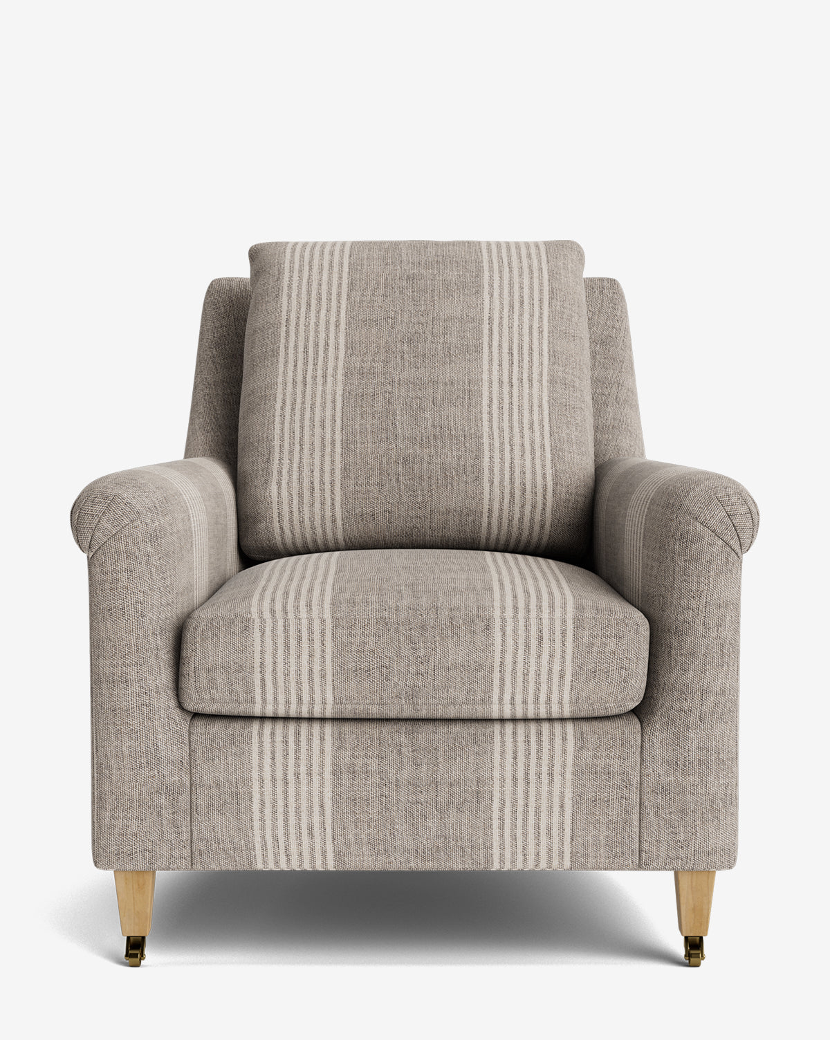Front view of the Reedley Lounge Chair—a beige luxury chair with light vertical stripes, cushioned seat and backrest, rounded arms, and wooden legs with gold-tone tips—set against a plain white background by Vendixs