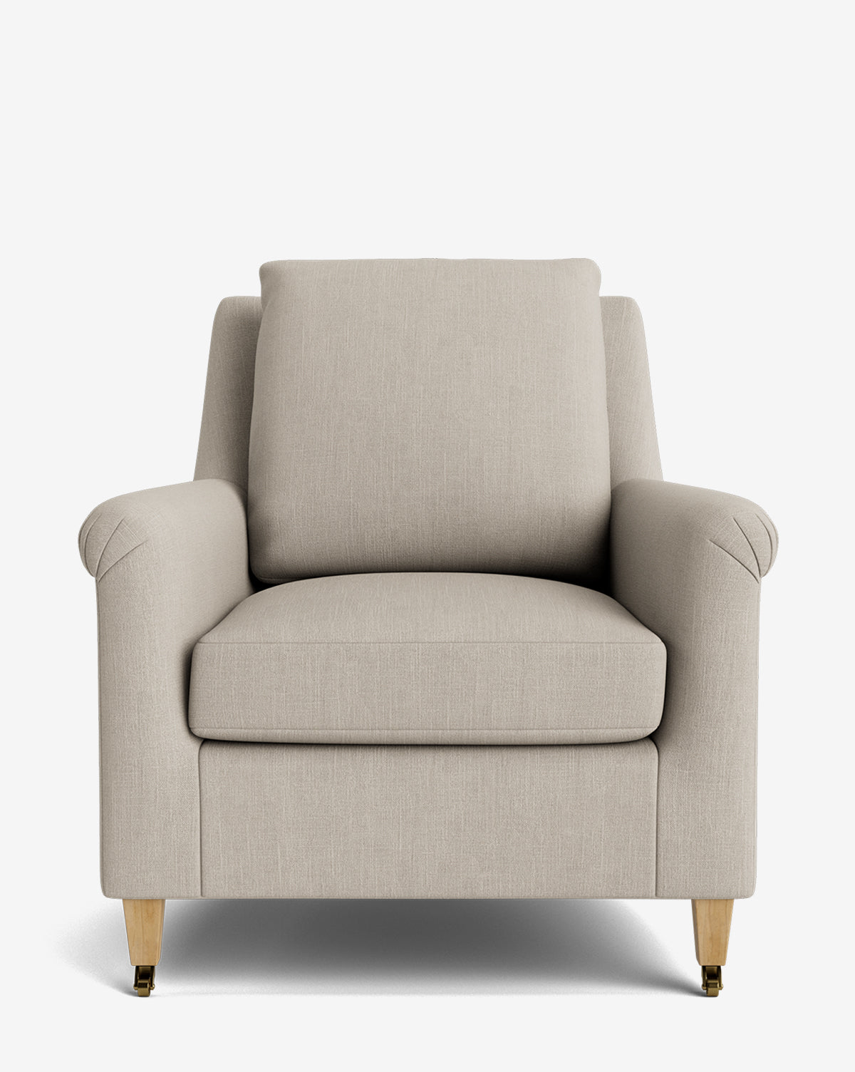 A front view of the Reedley Lounge Chair, a modern piece with light beige upholstery, cushioned seat and back, gently angled armrests, and wooden legs, shown against a plain white background by McGee & Co.