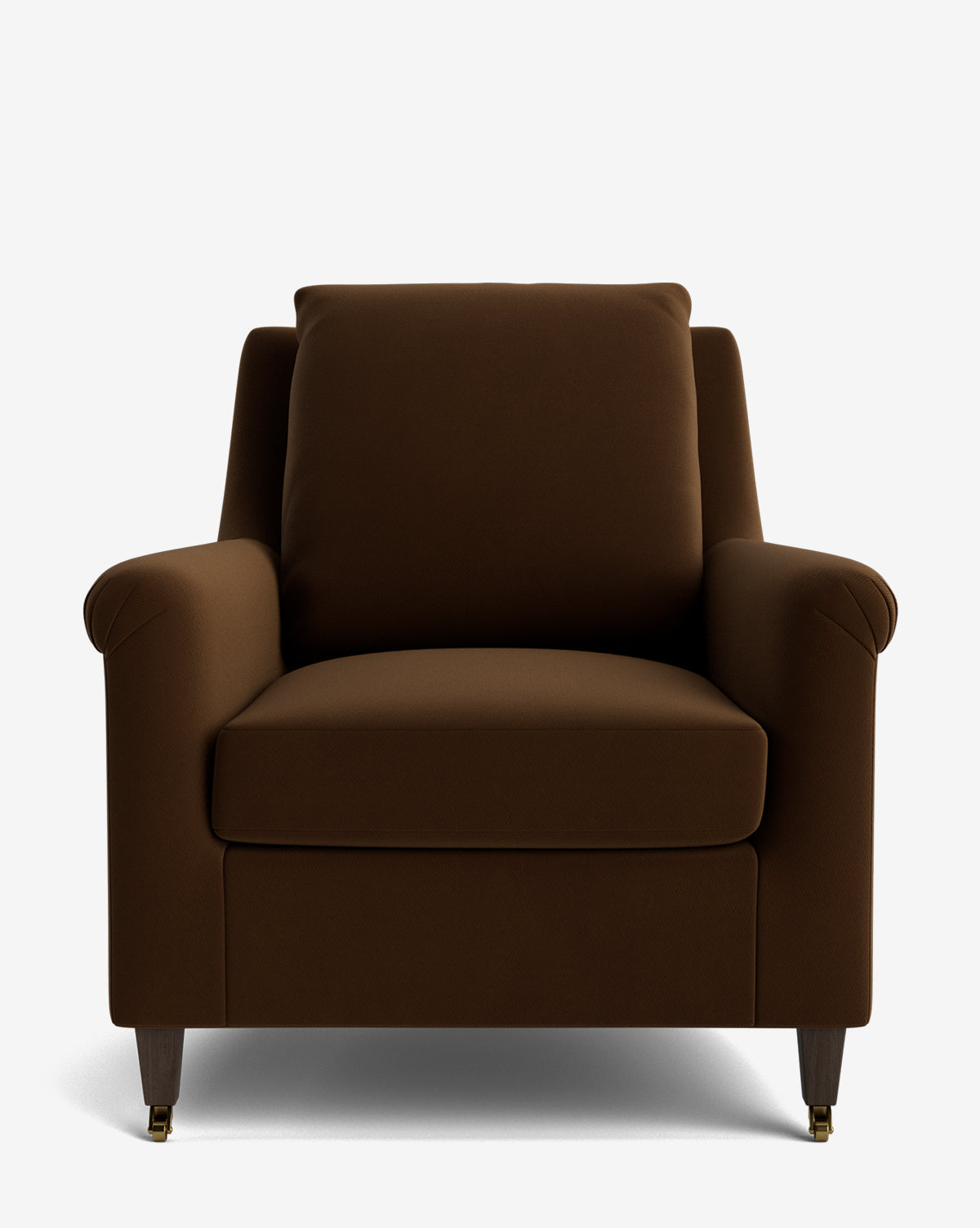 The Reedley Lounge Chair features brown upholstery, a deep cushioned seat, backrest, armrests, and four short wooden legs with brass casters on the front, by Vendixs