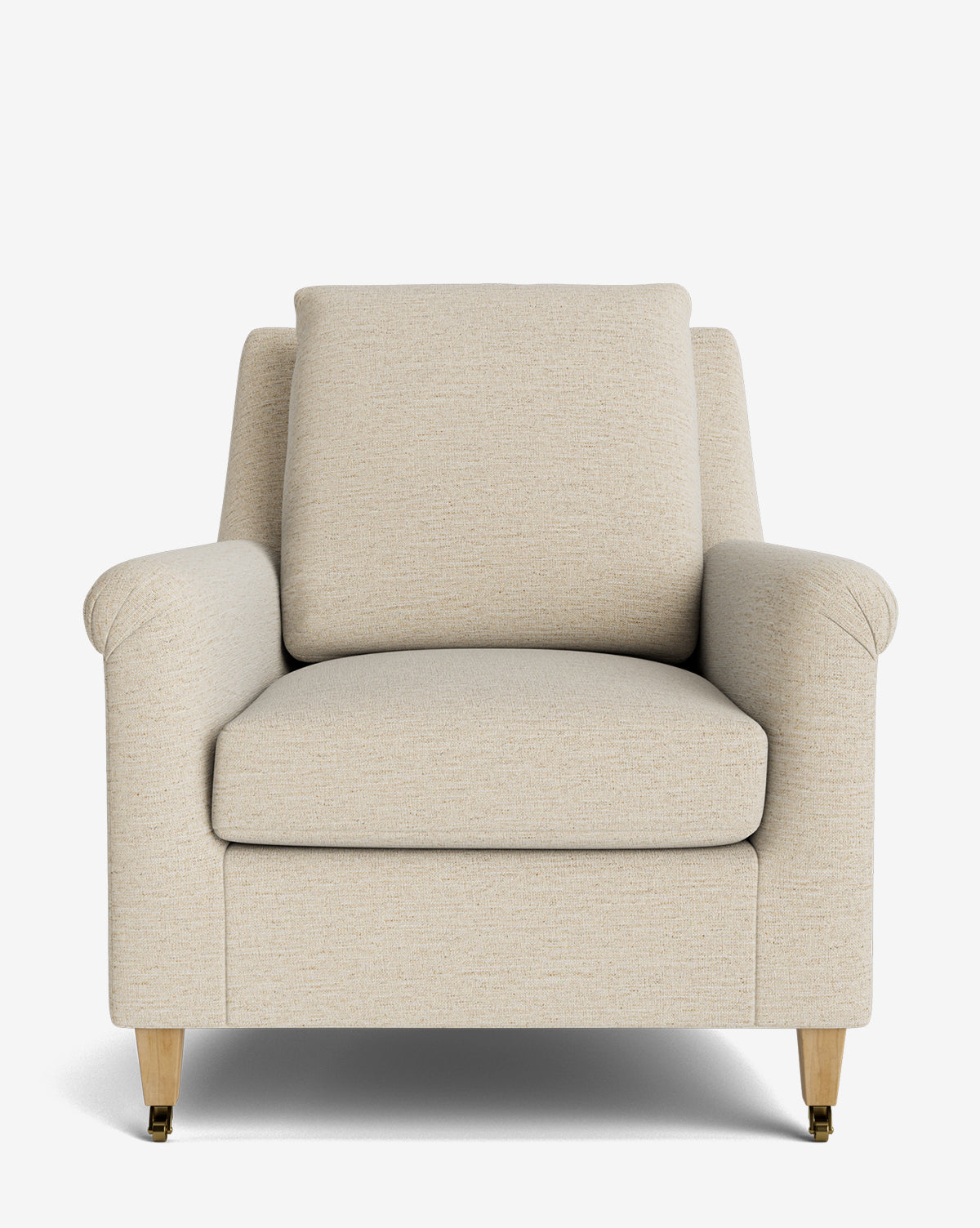 A front view of the Reedley Lounge Chair, featuring beige upholstery, cushioned seat and backrest, and wooden legs, showcased against a plain white background by McGee & Co.