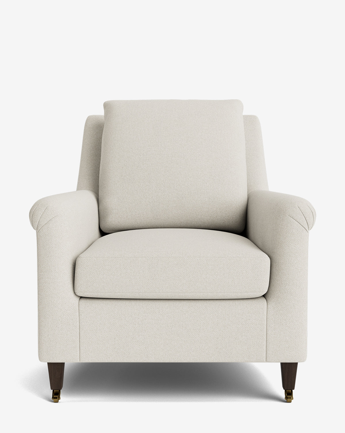A front view of the Reedley Lounge Chair, featuring modern design, light beige upholstery, a cushioned seat and back, angled armrests, and wooden legs with brass casters, by McGee & Co.