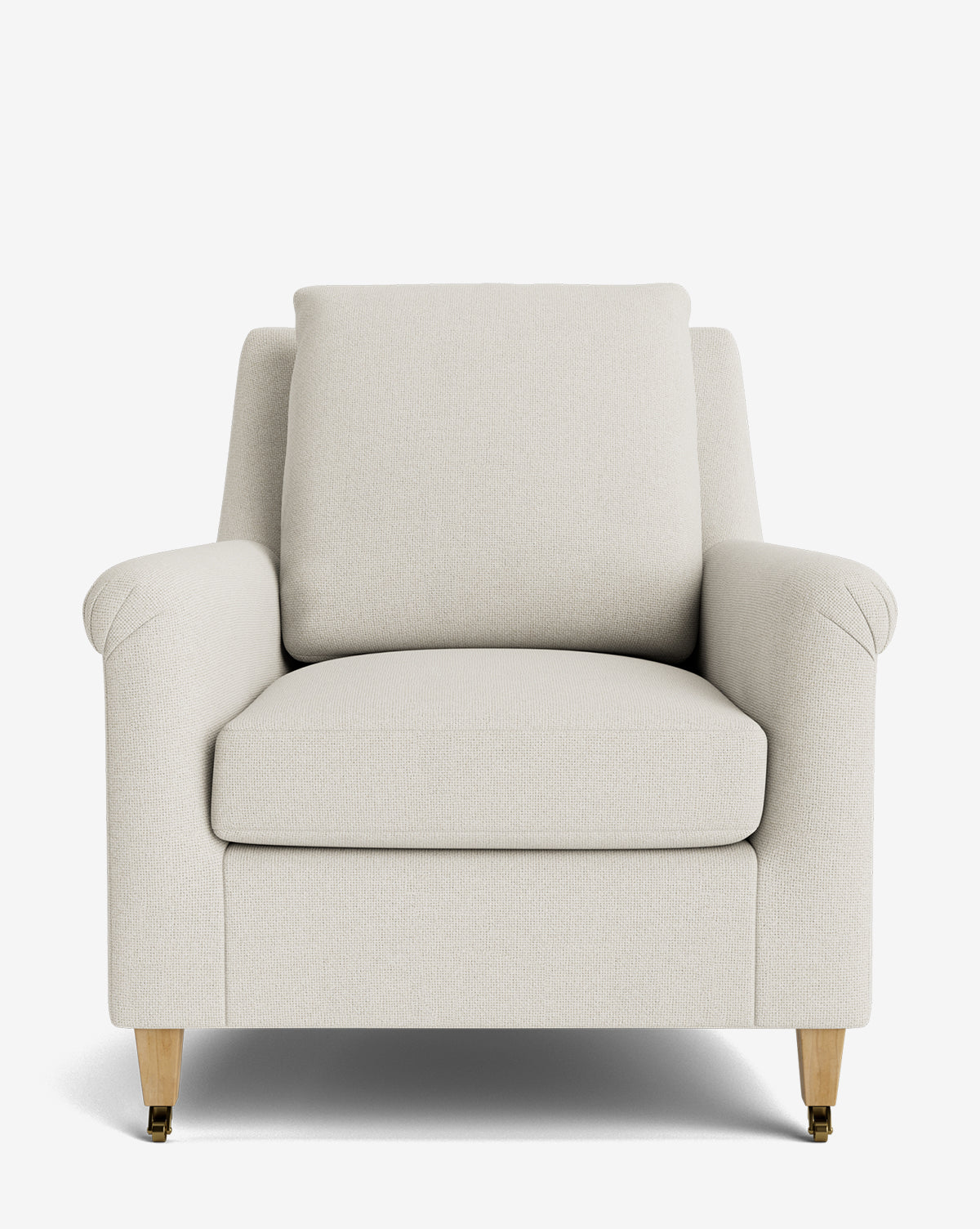 A front view of the Reedley Lounge Chair, a modern deep lounge chair in light beige fabric, with a wide cushioned seat, angled armrests, and wooden legs fitted with small wheels on the front two legs by McGee & Co.
