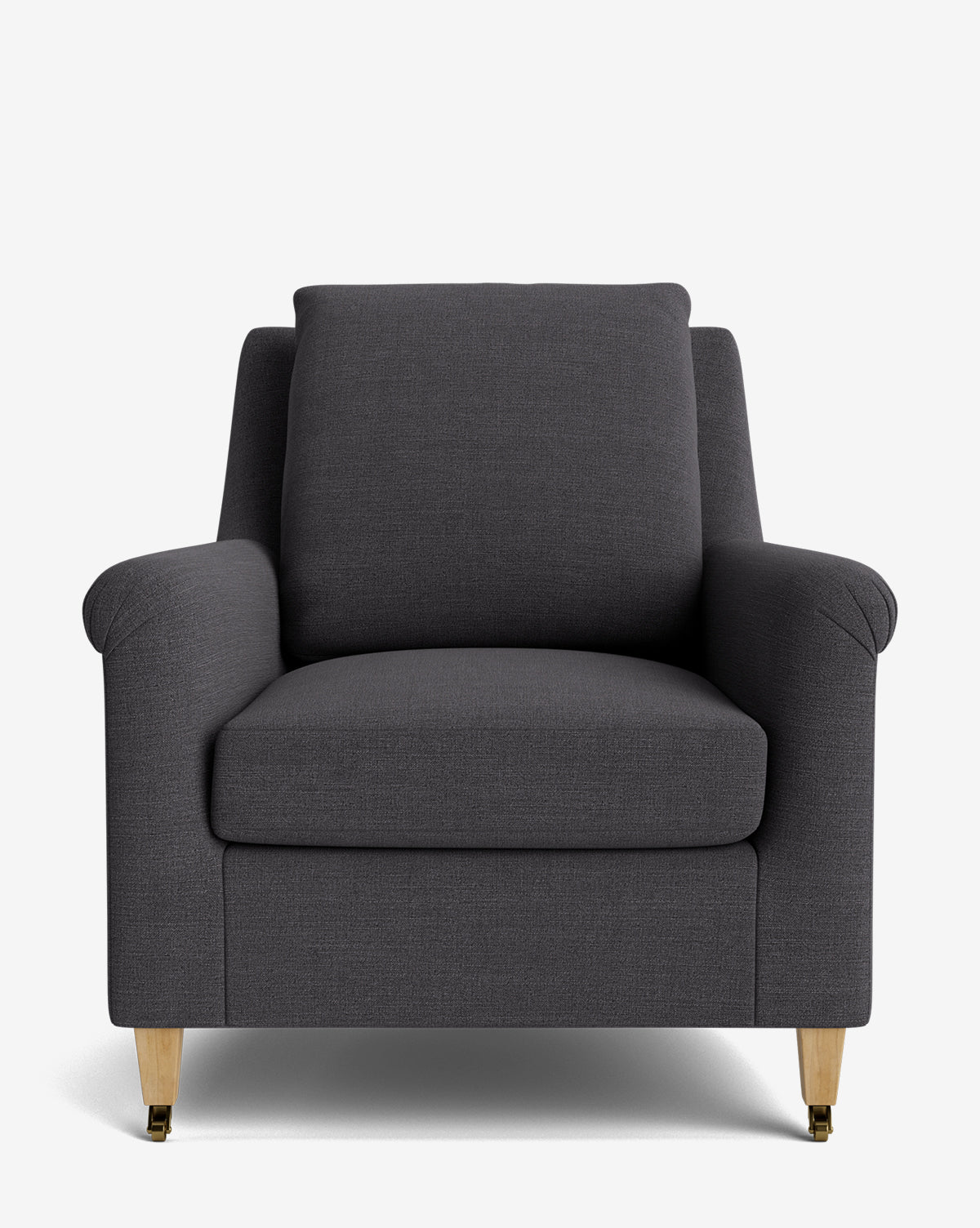 The Reedley Lounge Chair is a deep, dark gray upholstered armchair with cushioned seat, backrest, and armrests for comfort, by McGee & Co. It features wooden legs and is shown from the front on a plain white background.