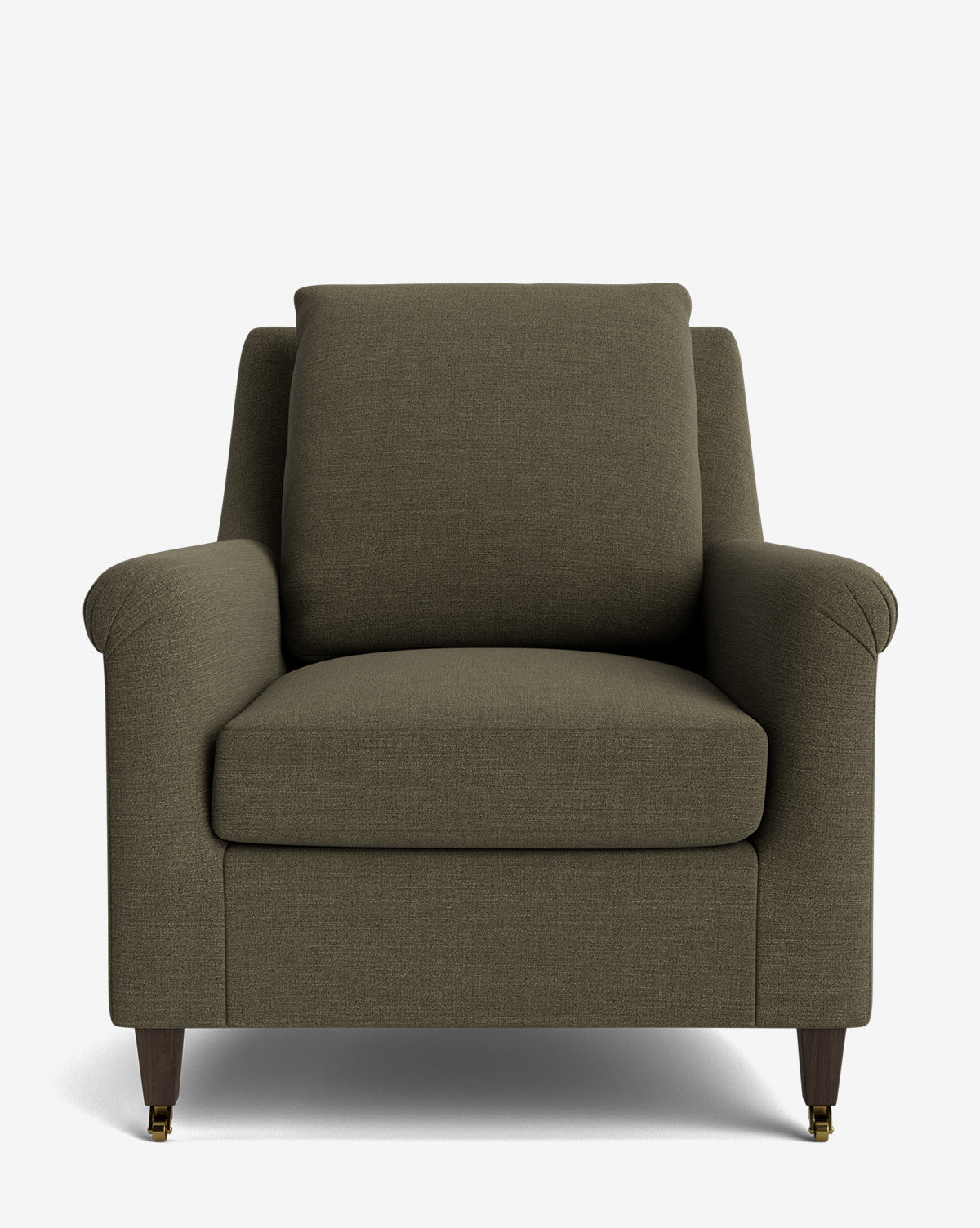 Front view of the Reedley Lounge Chair in olive green upholstery, with plush back cushion, wide armrests, and dark wooden legs on a white background—a true deep lounge chair for luxurious comfort, by McGee & Co.