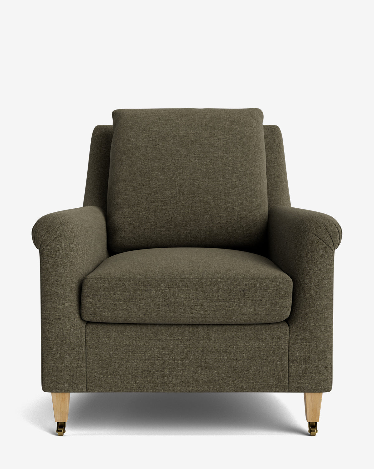 Front view of the Reedley Lounge Chair, featuring olive green upholstery, angled wooden legs, and plush seat and back cushions, set against a plain white background, by McGee & Co.