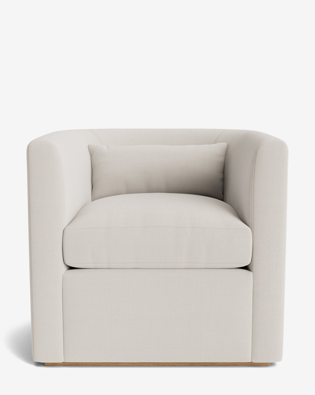 The Reese Lounge Chair is a modern seat upholstered in light beige fabric with down-wrapped cushions, a matching rectangular back pillow, low curved arms, and a slim handcrafted alder wood base, by McGee & Co.