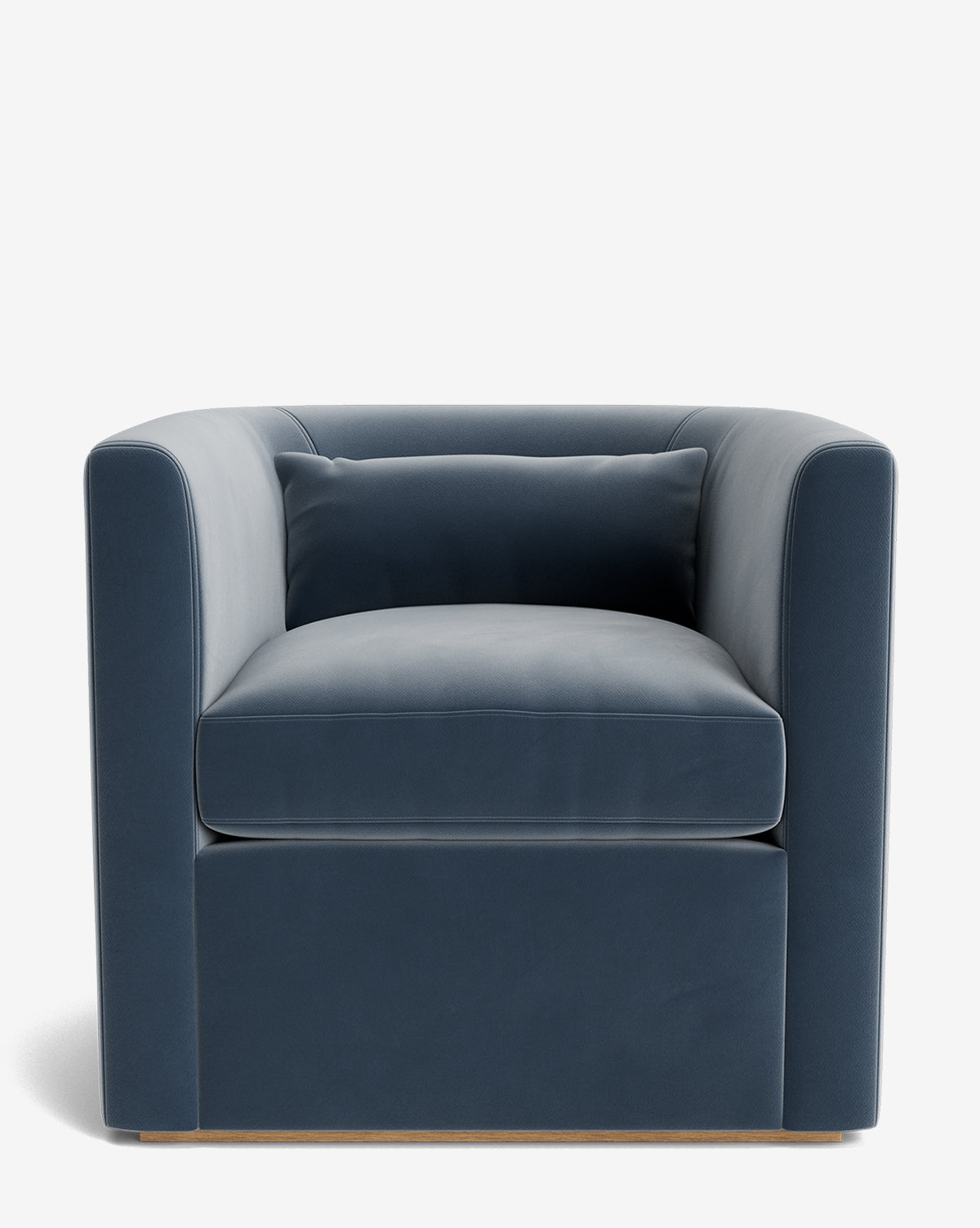 The Reese Lounge Chair is a modern, boxy seat in dark blue fabric with straight sides, a thick down-wrapped cushion, and a matching back pillow, shown against a plain white background by McGee & Co.